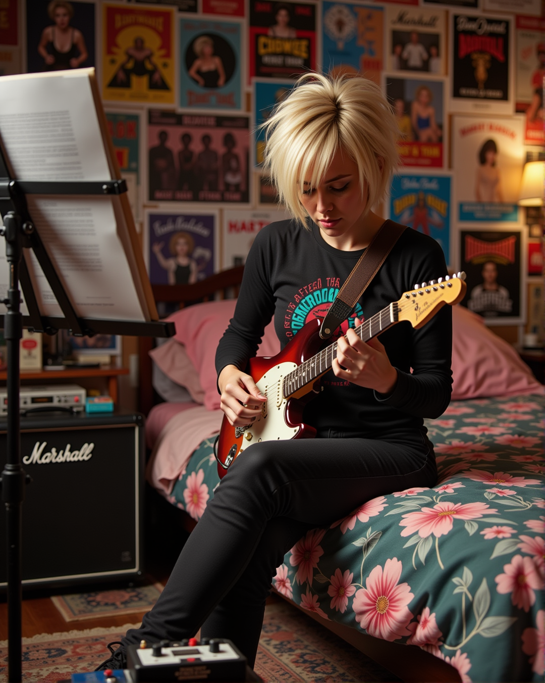Sophie, and AI guitarist practicing in her messsy 1980s bedroom