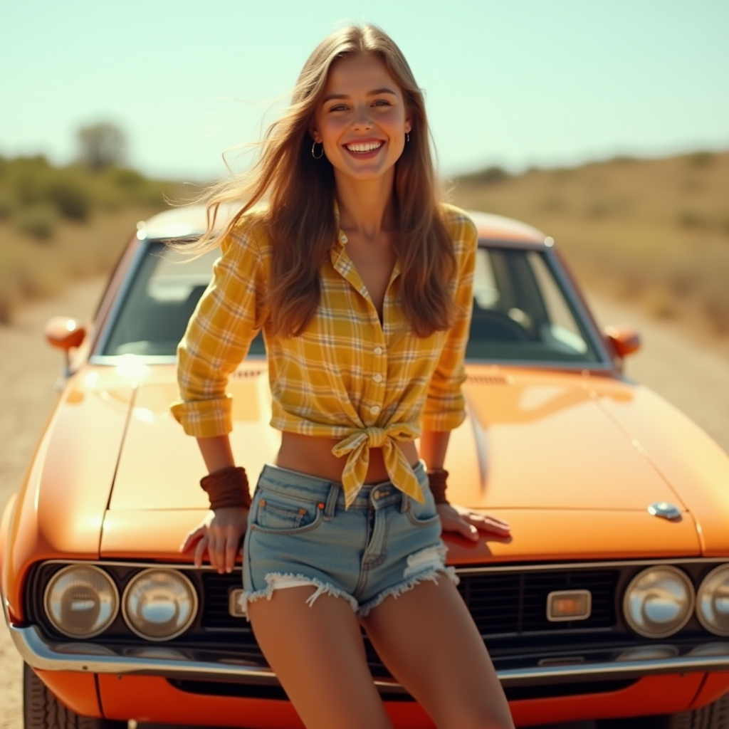 Classic Country Girl. A sunny, optimistic, and quintessentially American style that was popular both on-screen and off. The look was defined by its simplicity and casual charm: a plaid or gingham shirt tied at the waist, paired with classic frayed denim cut-off shorts. It's a style that speaks to freedom, road trips, and the endless summer of the American landscape.