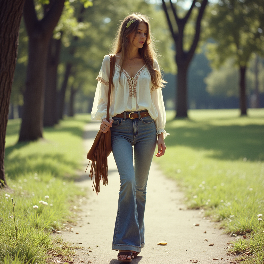The Flower Child Aesthetic. Rooted in the counter-culture movement, the Bohemian or "Hippie" look championed a return to natural, romantic, and folk-inspired styles. Key pieces like this airy peasant blouse with delicate embroidery were paired with high-waisted denim bell bottoms to create a relaxed and expressive silhouette. Accessories were essential, with suede fringe bags and simple leather belts completing this iconic, free-spirited uniform.