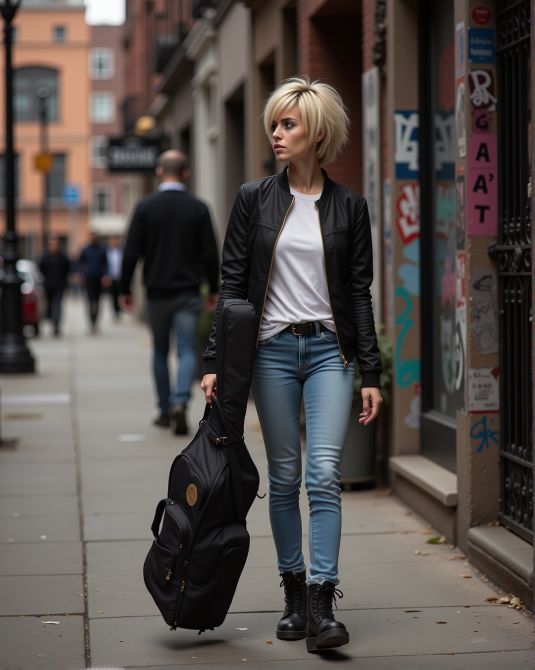 Sophie, an AI musician walking down a grungy sidewalk near graffiti covered walls, heading to a gig.