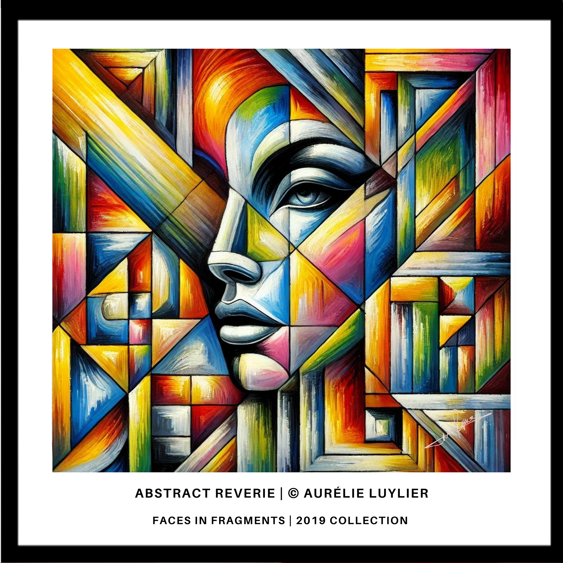 "Abstract Reverie" delves into a dreamlike state where geometry and color collide to form a striking visage. The painting's sharp lines and vibrant palette create a sense of movement and depth, evoking the surreal experience of a waking dream. This artwork philosophically examines the fluidity of reality and imagination, suggesting that our perceptions are a blend of both. The intricate patterns and bold contrasts encourage viewers to explore their own dreams and reflections, finding beauty in the abstract reverie.