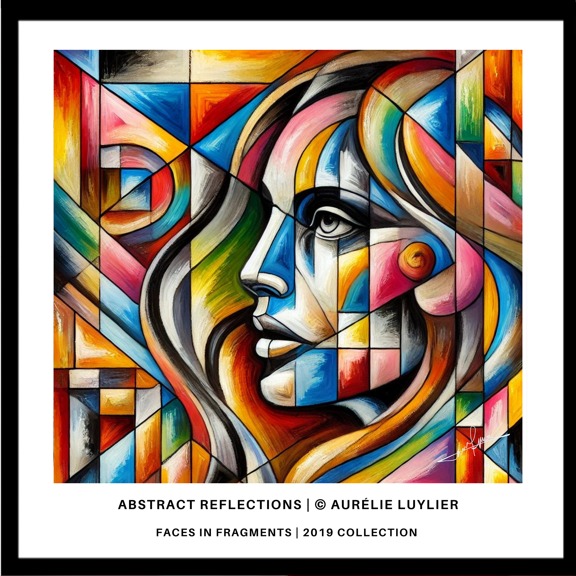 "Abstract Reflections" captures the nuanced interplay between light, color, and form. The face, constructed from a spectrum of geometric shapes and vibrant hues, mirrors the complexity of human identity. This painting philosophically explores how our inner reflections are composed of diverse experiences and emotions, each contributing to the larger mosaic of the self. The fluid lines and bold colors create a dynamic yet harmonious composition, inviting viewers to contemplate the fragmented yet cohesive nature of their own inner worlds.