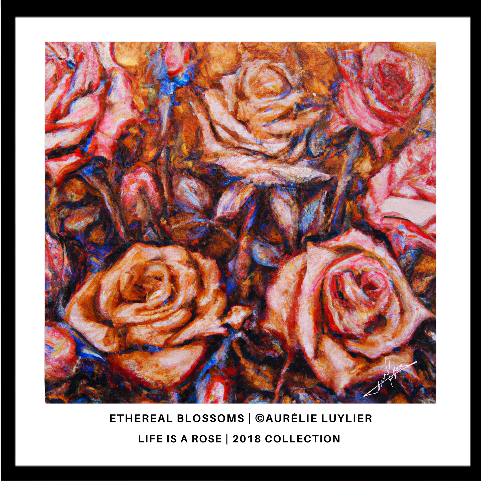 "Ethereal Blossoms" showcases the delicate beauty of roses rendered in soft, ephemeral hues. This piece speaks of fleeting moments, capturing the whisper of petals and the silent song of nature’s ephemeral beauty, inviting viewers to pause and reflect on the passage of time.