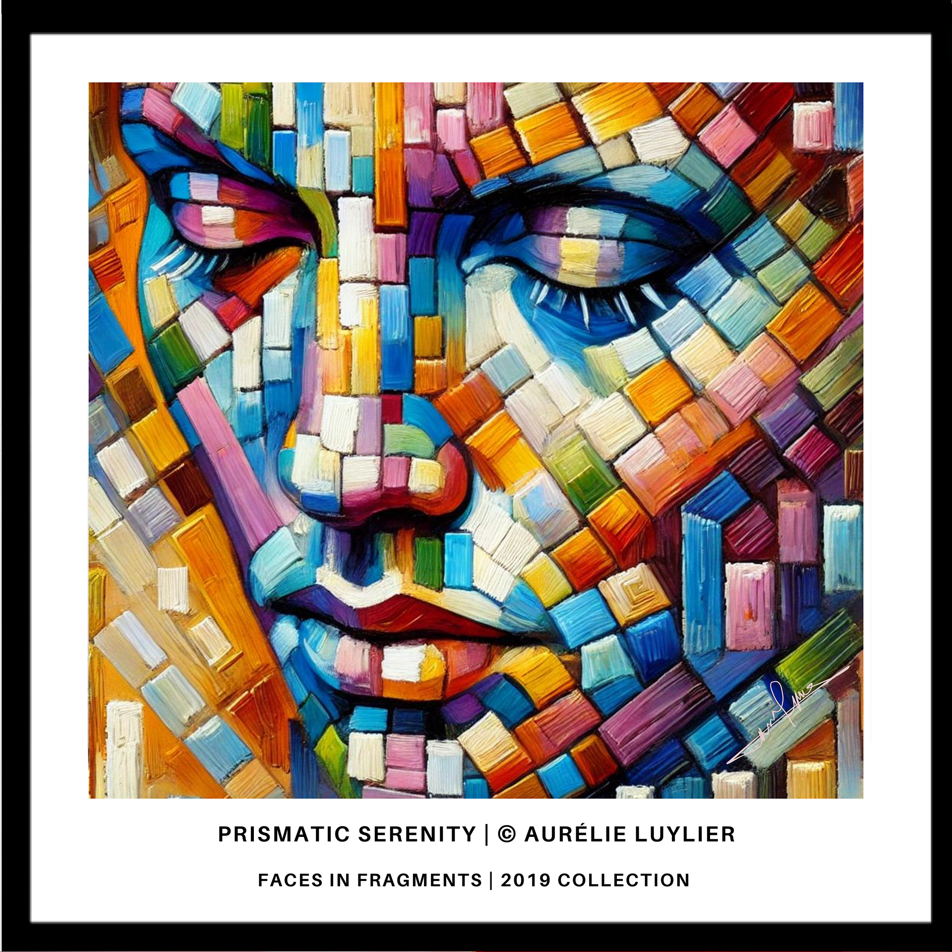 "Prismatic Serenity" captures a moment of tranquil introspection through a kaleidoscope of vibrant hues. The painting presents a serene face, eyes closed, as if lost in a meditative dream. Each colorful fragment of oil paint contributes to the overall mosaic, weaving together a complex tapestry that reflects the inner calm and profound peace of the subject. This piece invites the viewer to delve into the quiet beauty found within the chaos, to find harmony in the disarray of color and form. The meticulous arrangement of geometric shapes and the softness of the expression create a philosophical reflection on the balance between our fragmented realities and the serenity we seek within.