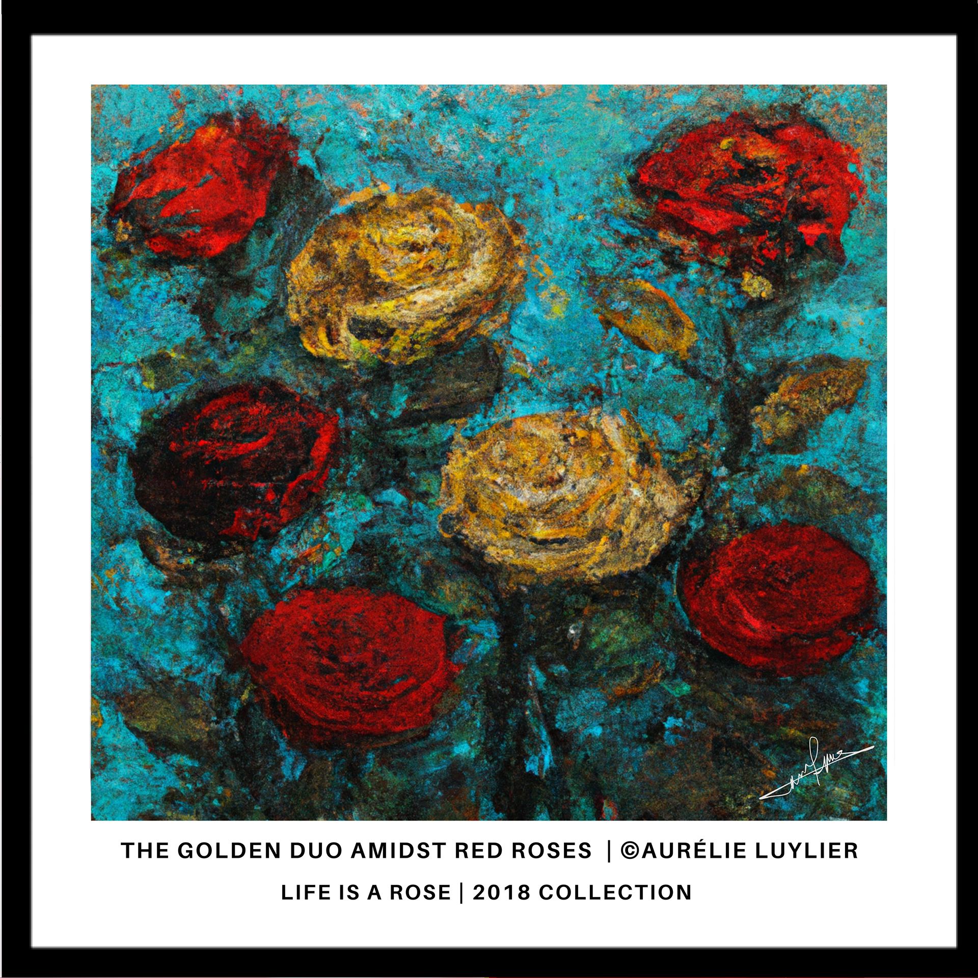"The Golden Duo Amidst Red Roses," the vibrant hues of red roses contrast with the ethereal presence of golden blossoms. Each stroke whispers the profound beauty and transient nature of life, encapsulating a dance between passion and purity against a backdrop of azure tranquility.