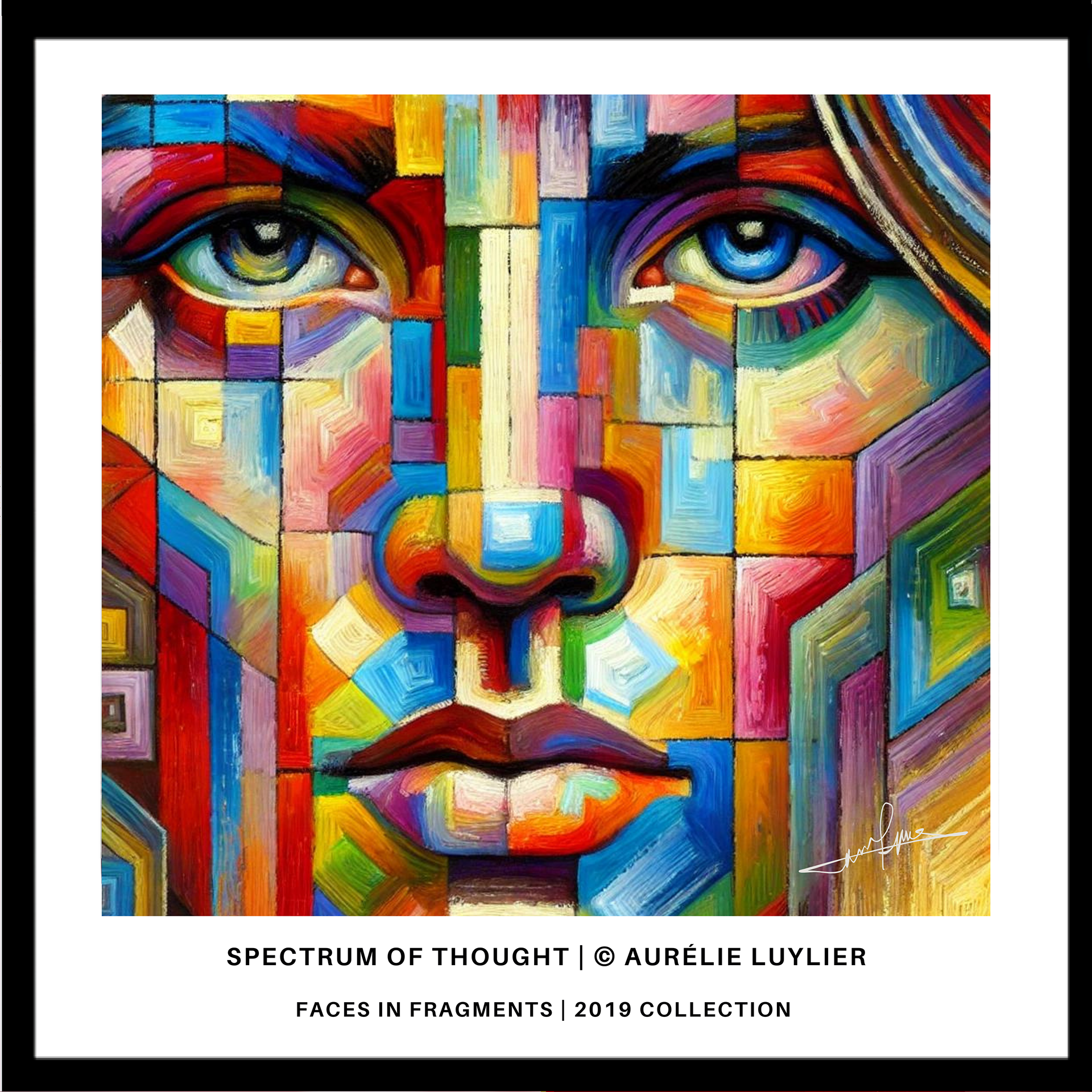 "Spectrum of Thought" delves into the depths of human consciousness, portraying a face in a vibrant mosaic of colors and geometric shapes. Each fragment represents a unique thought, emotion, or memory, coming together to form a cohesive whole. The intricate interplay of colors and patterns invites viewers to explore the multifaceted nature of our inner worlds, reflecting the complexity and beauty of the human mind. This piece is a philosophical exploration of how our thoughts shape our perception of reality, highlighting the harmony within the chaos of our minds.