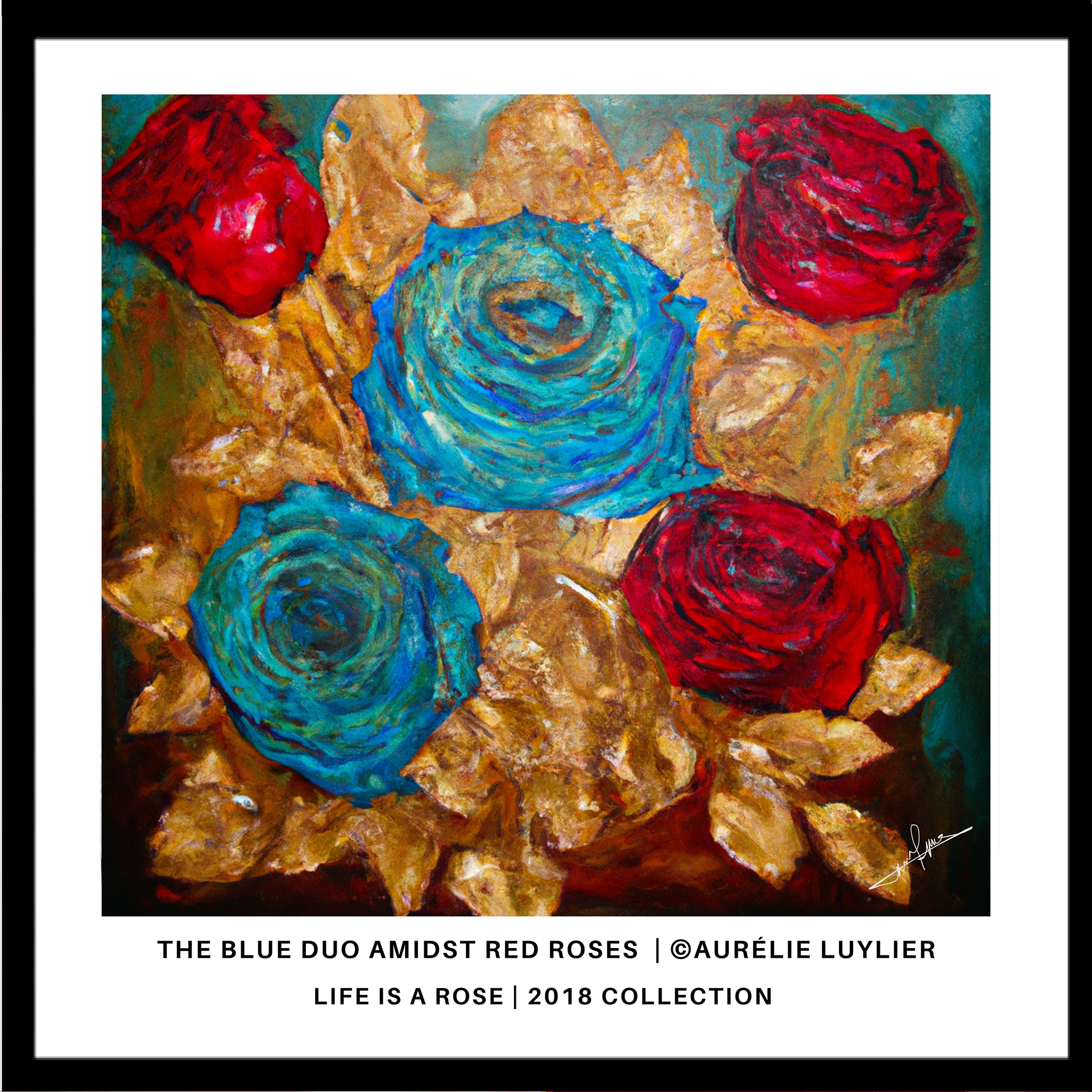 The Blue Duo Amidst Red Roses" features the striking contrast of blue roses interwoven with passionate red blooms. The blue roses symbolize the impossible, a serene anomaly amidst the fervor of red, embodying the dreamlike essence of rare beauty found within the chaos of existence.