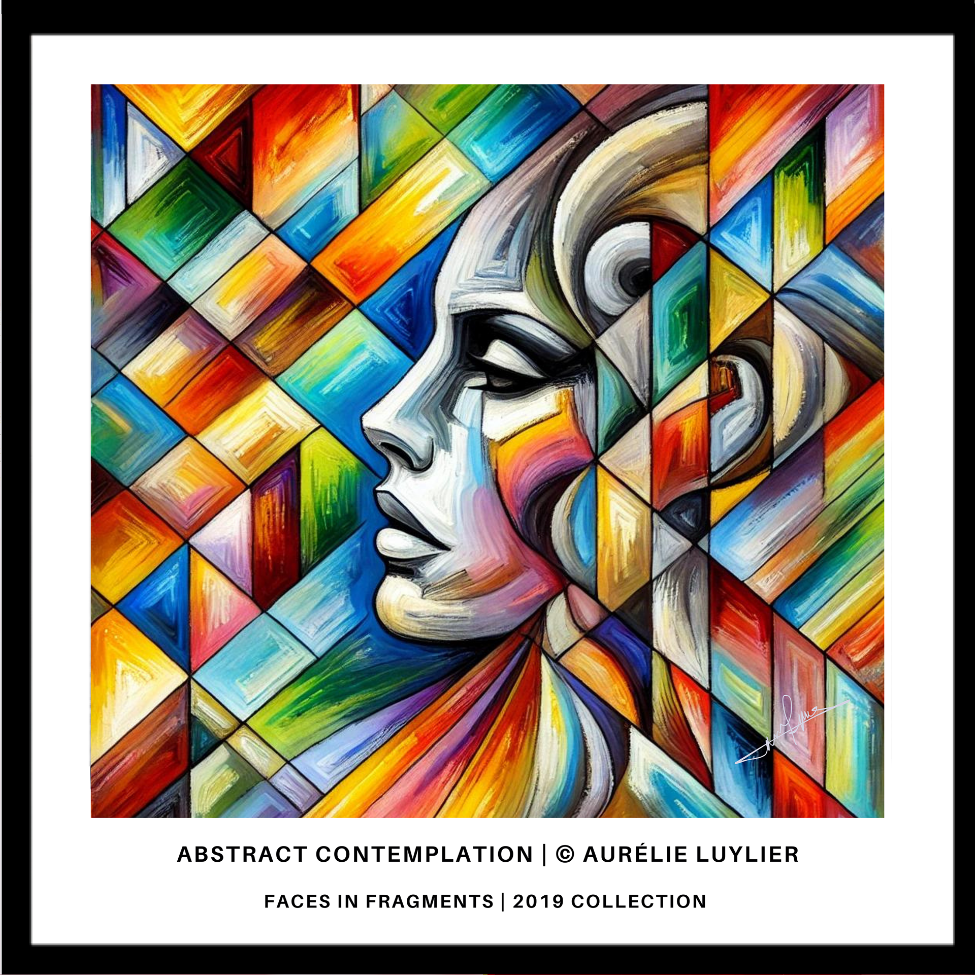 "Abstract Contemplation" is a profound exploration of the human spirit through a symphony of colors and geometric forms. The face, depicted in a thoughtful pose, is a mosaic of vibrant shapes that reflect the complexity of introspection. This painting philosophically considers the nature of contemplation, where each thought is a fragment contributing to a greater understanding of the self. The harmonious blend of color and form invites viewers to engage in their own moments of quiet reflection, appreciating the beauty of thoughtful abstraction.