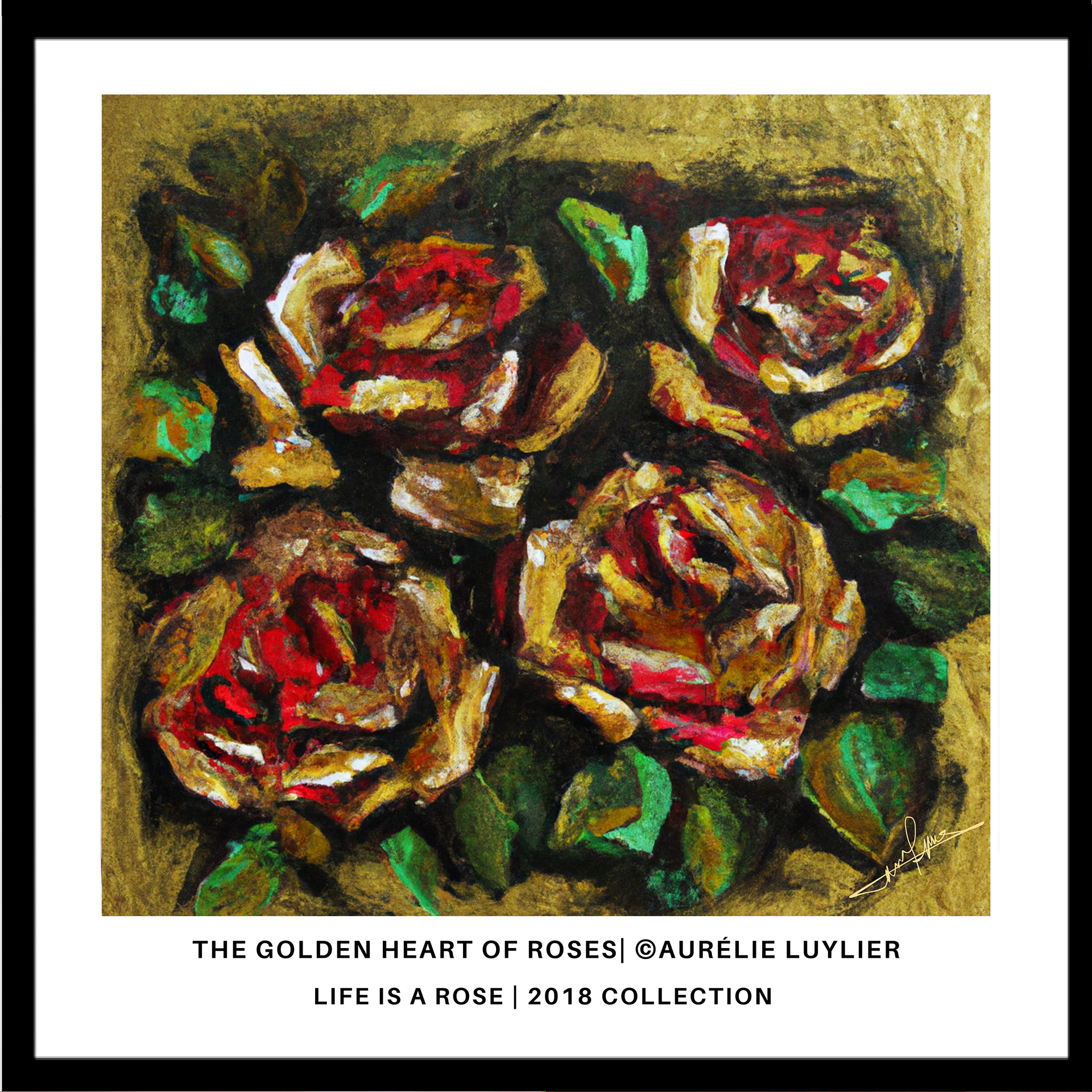 "The Golden Heart of Roses," the central golden roses are framed by deep, passionate reds. This composition highlights the golden core of purity and wisdom, surrounded by the intense emotions of the heart, symbolizing balance and harmony within the human soul.