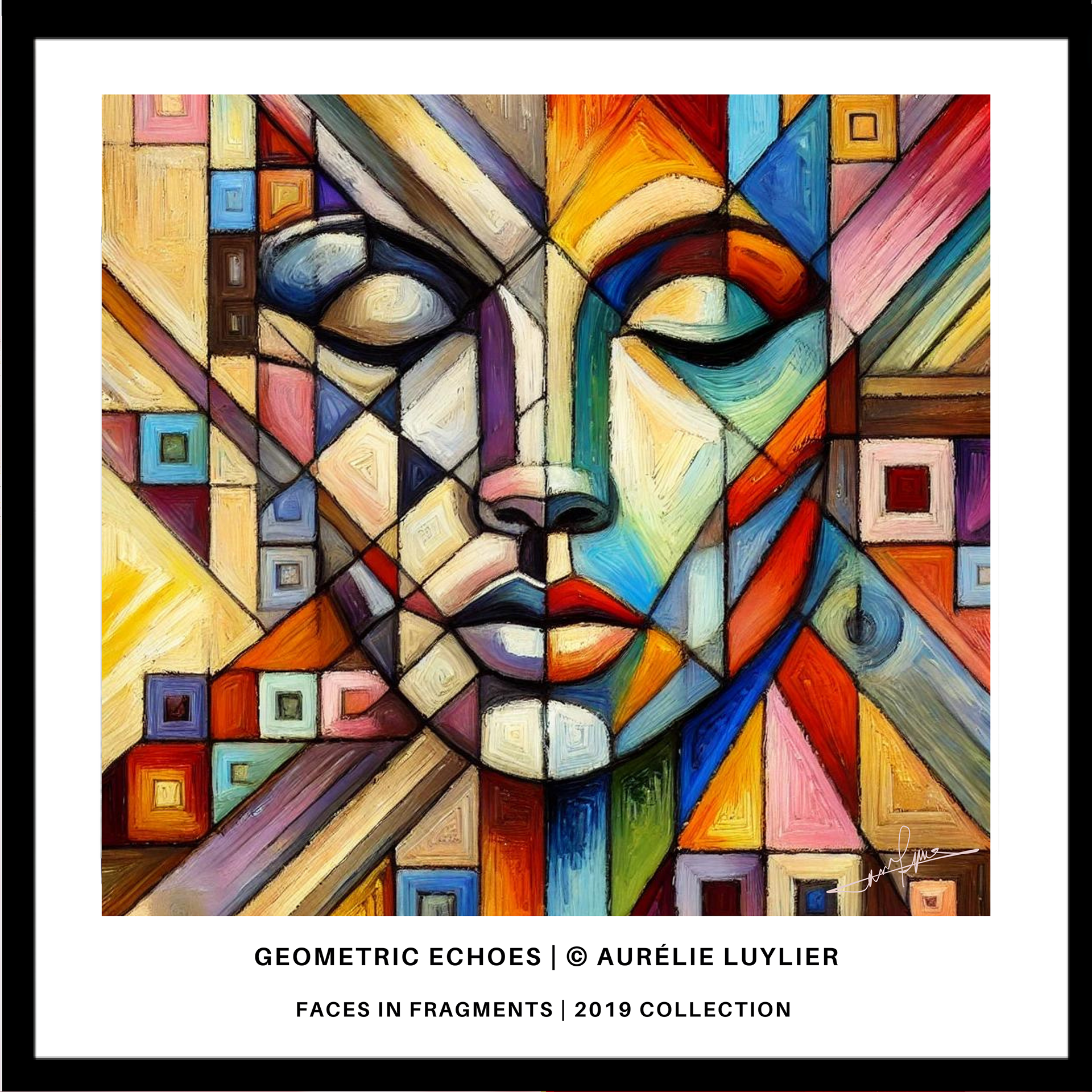 "Geometric Echoes" is a vibrant interplay of shapes and colors, capturing the essence of human emotion in a fragmented yet harmonious composition. The face, composed of bold geometric patterns, resonates with a sense of rhythmic balance, each shape echoing the sentiments of the other. The intricate mosaic of vivid colors creates a dynamic tension, symbolizing the myriad emotions that form our inner world. This artwork is a philosophical exploration of identity, suggesting that our true selves are a collection of interwoven experiences, each one shaping and reflecting the other in an endless dance of echoes.