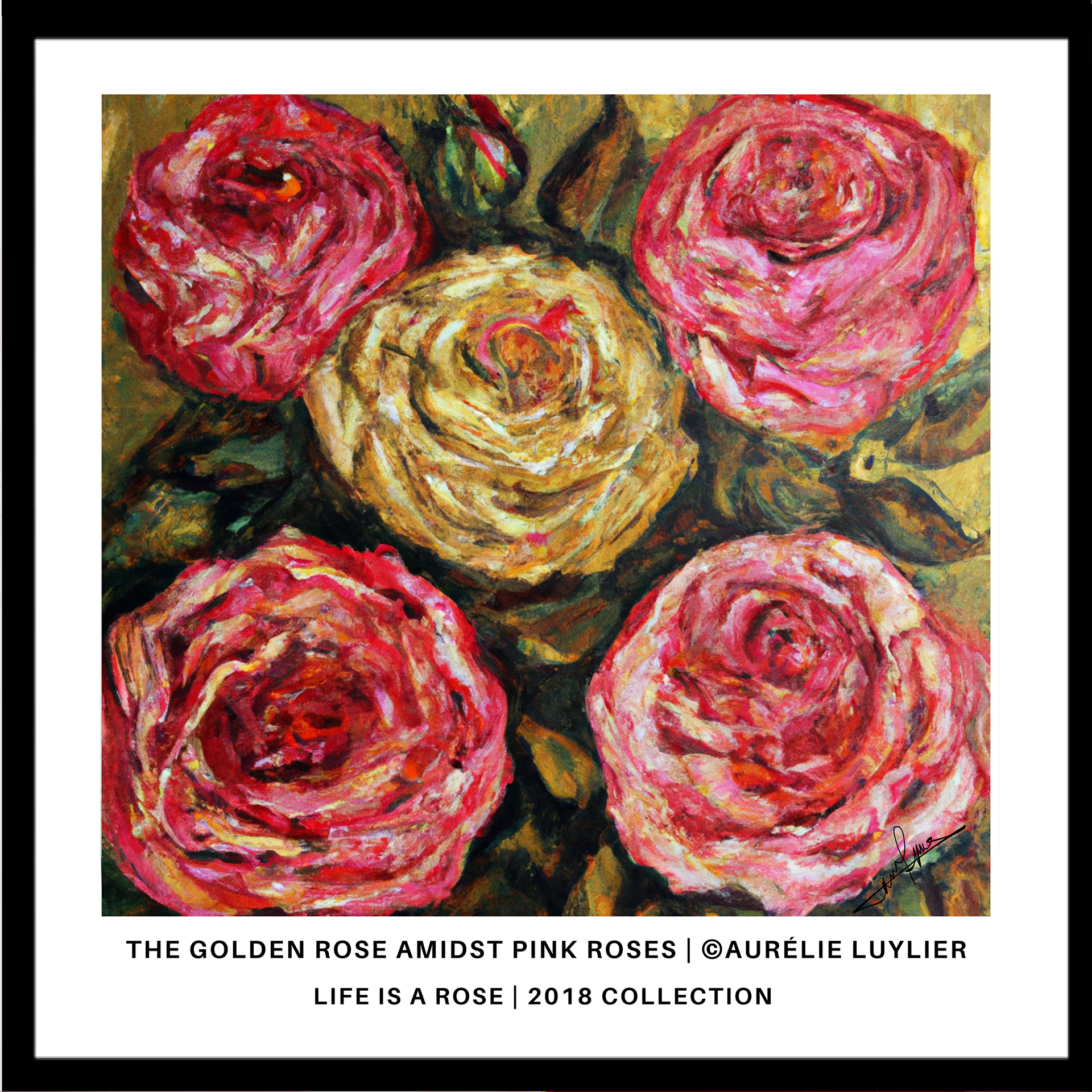 "The Golden Rose Amidst Pink Roses," a single golden rose stands resilient among a sea of delicate pinks. This painting captures the essence of singularity and excellence, a golden heart beating with the love and tenderness of the surrounding pink blossoms, symbolizing unity in diversity.