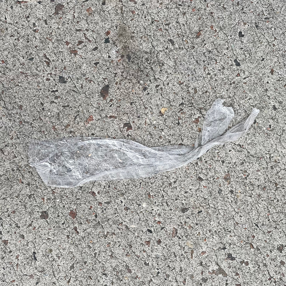 A photo of lost or discarded material found on a city street—with a form interpreted as resembling a whale.