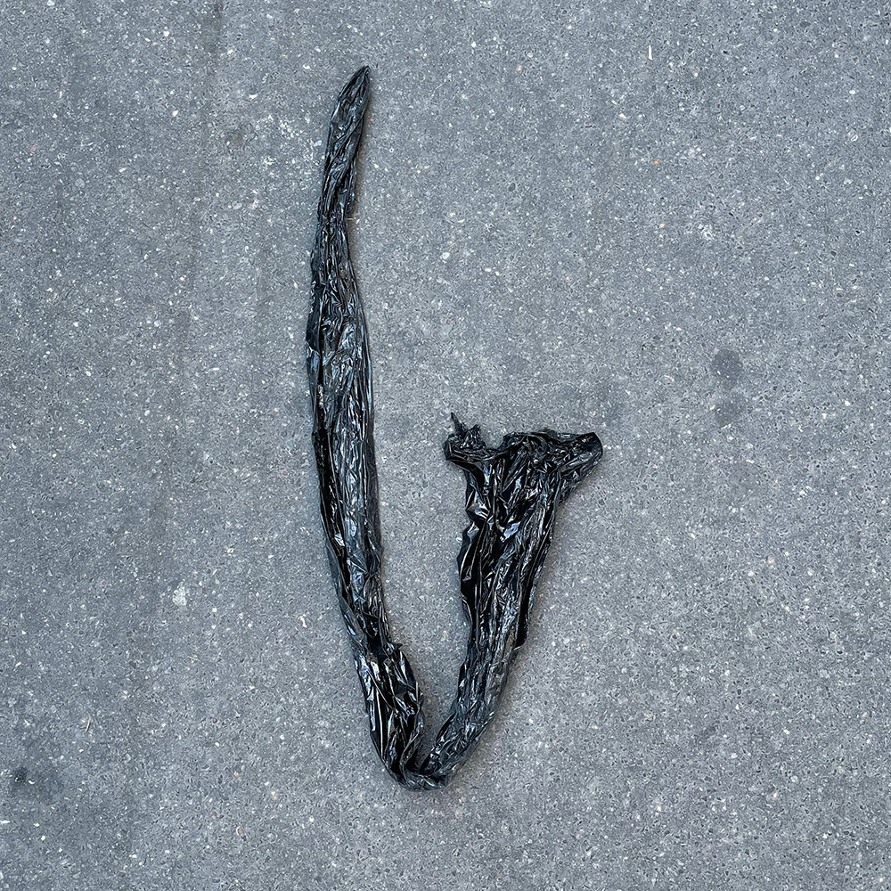 A photo of lost or discarded material found on a city street—with a form interpreted as resembling a saxophone.