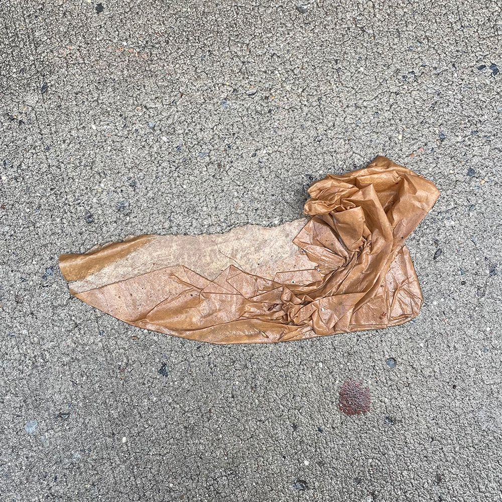 A photo of lost or discarded material found on a city street—with a form interpreted as resembling a pointe shoe.