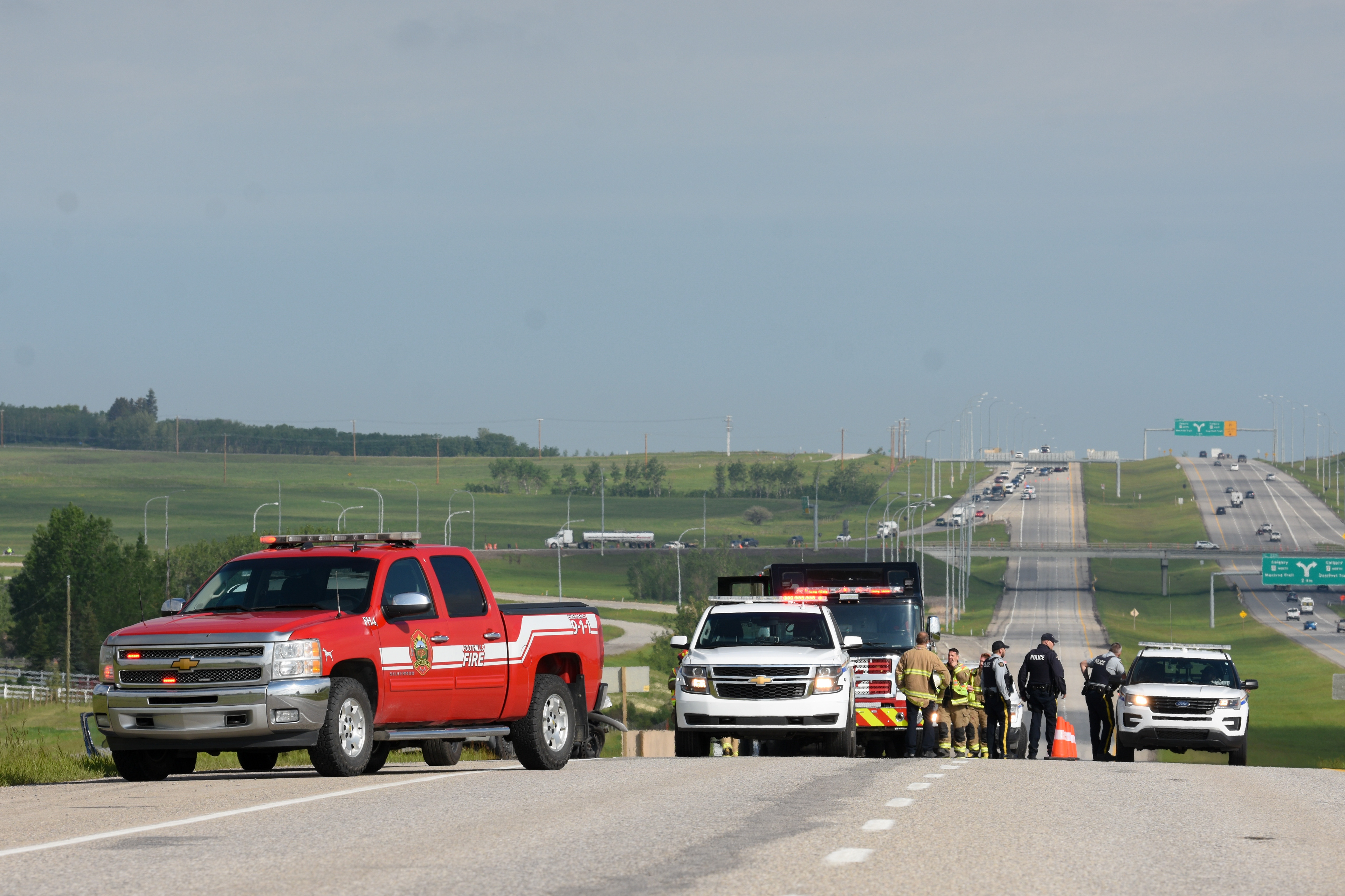 Emergency crews closed Highway 2 southbound, south of the Okotoks overpass, following a serious two vehicle collision.