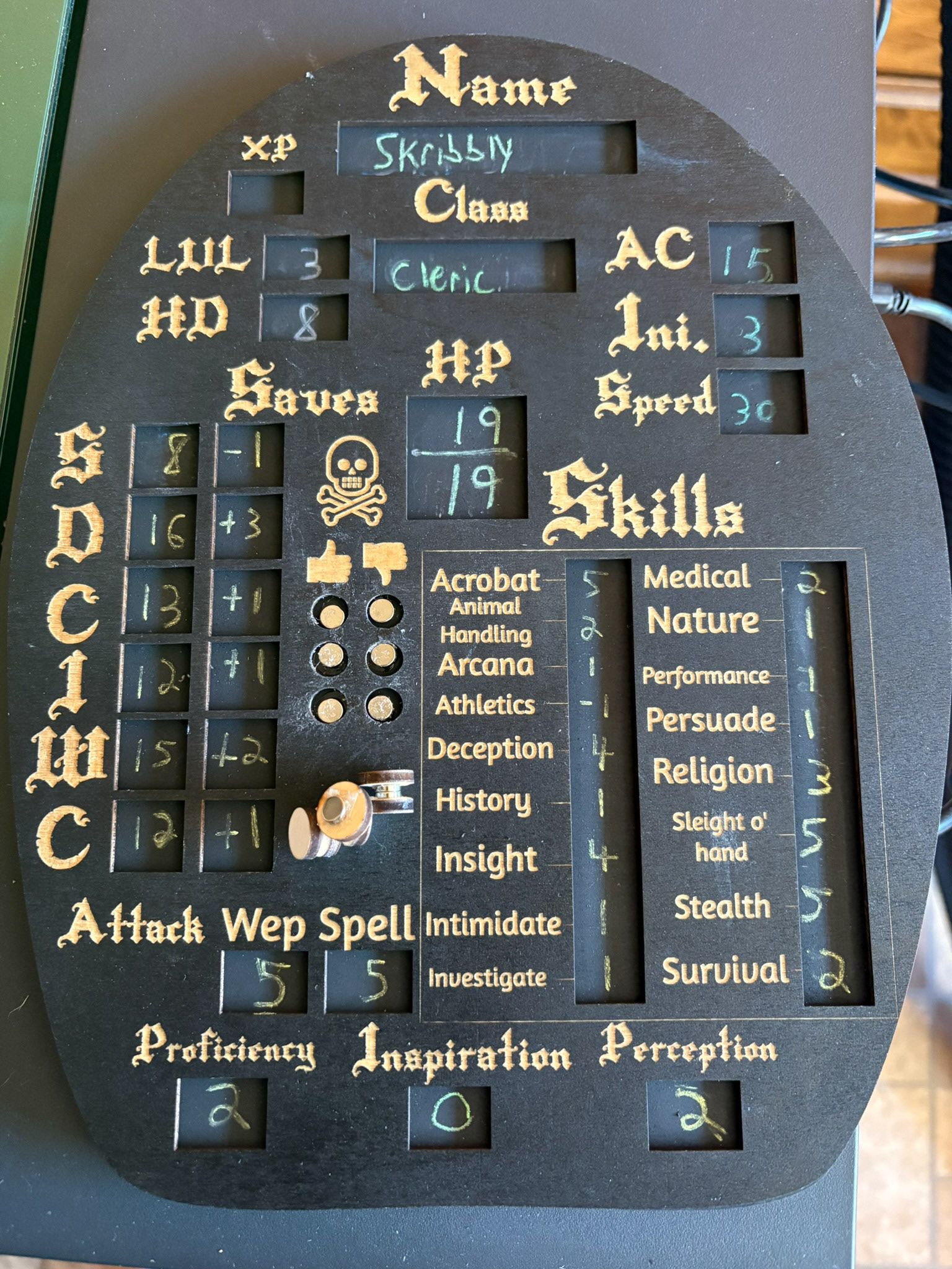 Front of a DND chalkboard character sheet