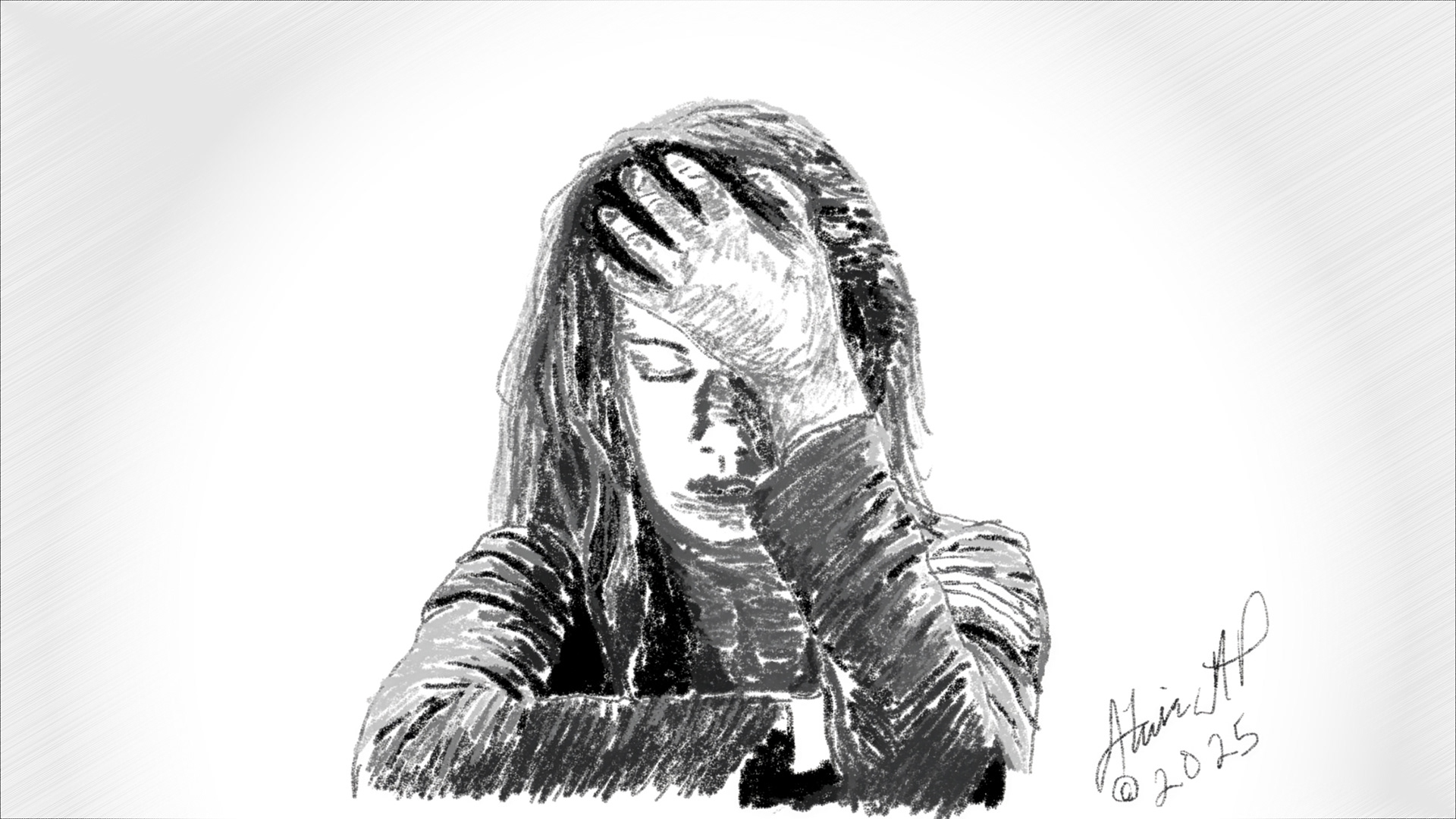 A woman rests her head against her hand in exhaustion.