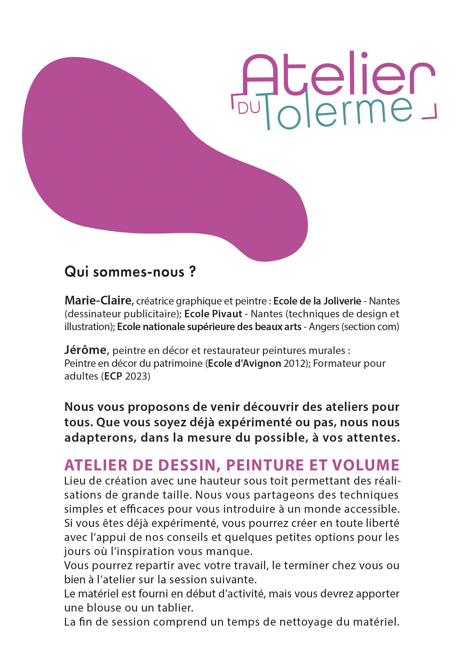 qui sommes nous-presentation des iuntervenants-Marie-Claire Bonhommet, graphiste-jerome montens peintre en décor-animateur de stages de dessin- peinture a l'huile-