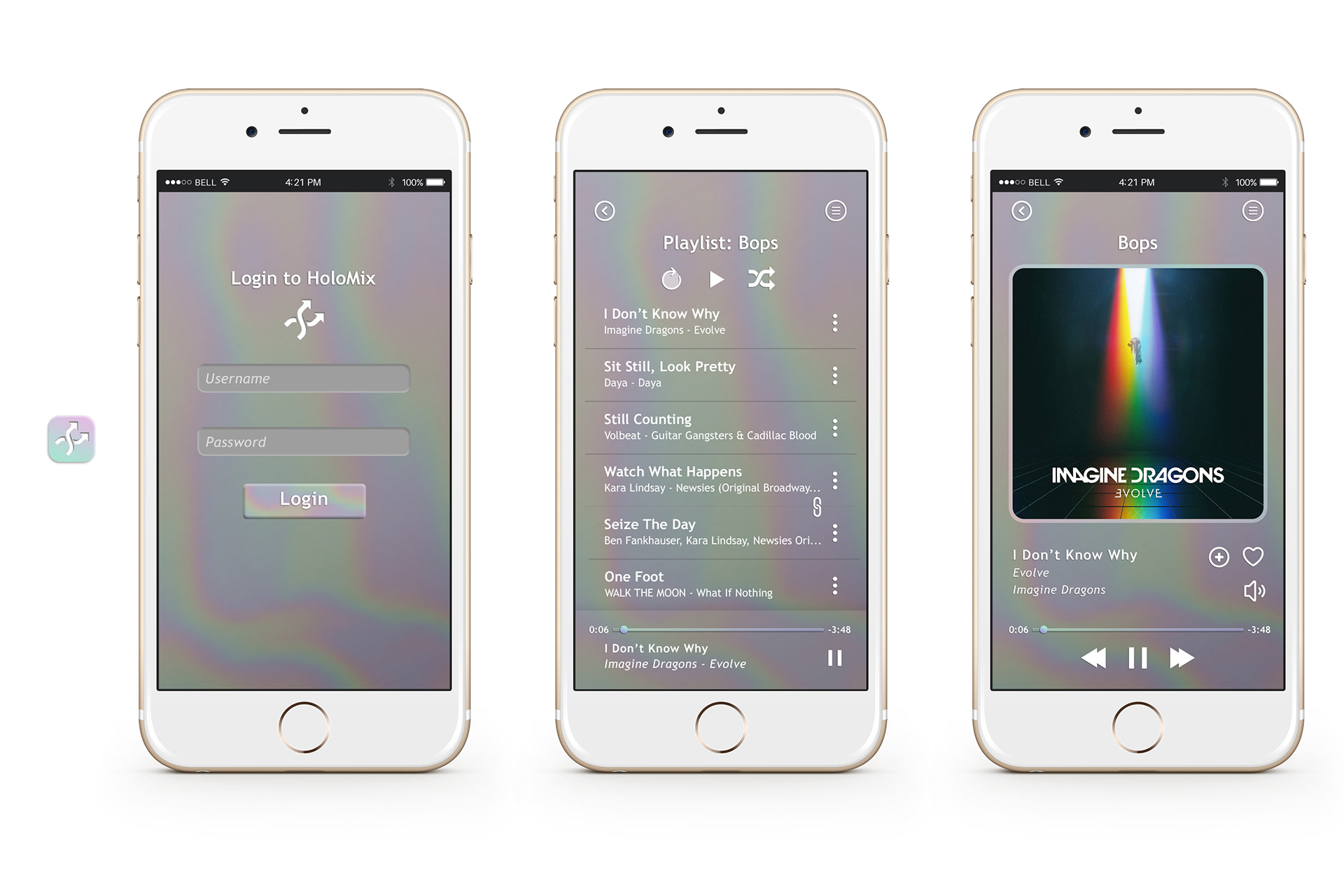 A music app designed for a college project: Make a music app with a feature that isn't common in music streaming apps today. The special feature of HoloMix was the ability to link songs together to always play back-to-back during shuffled play.