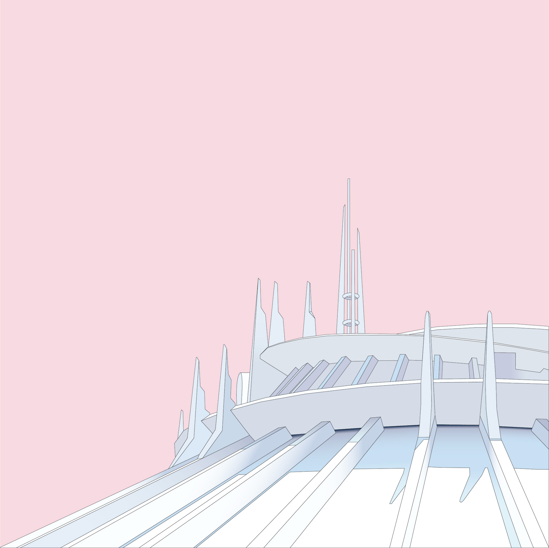 An architectural rendering of Space Mountain, set on a pink background