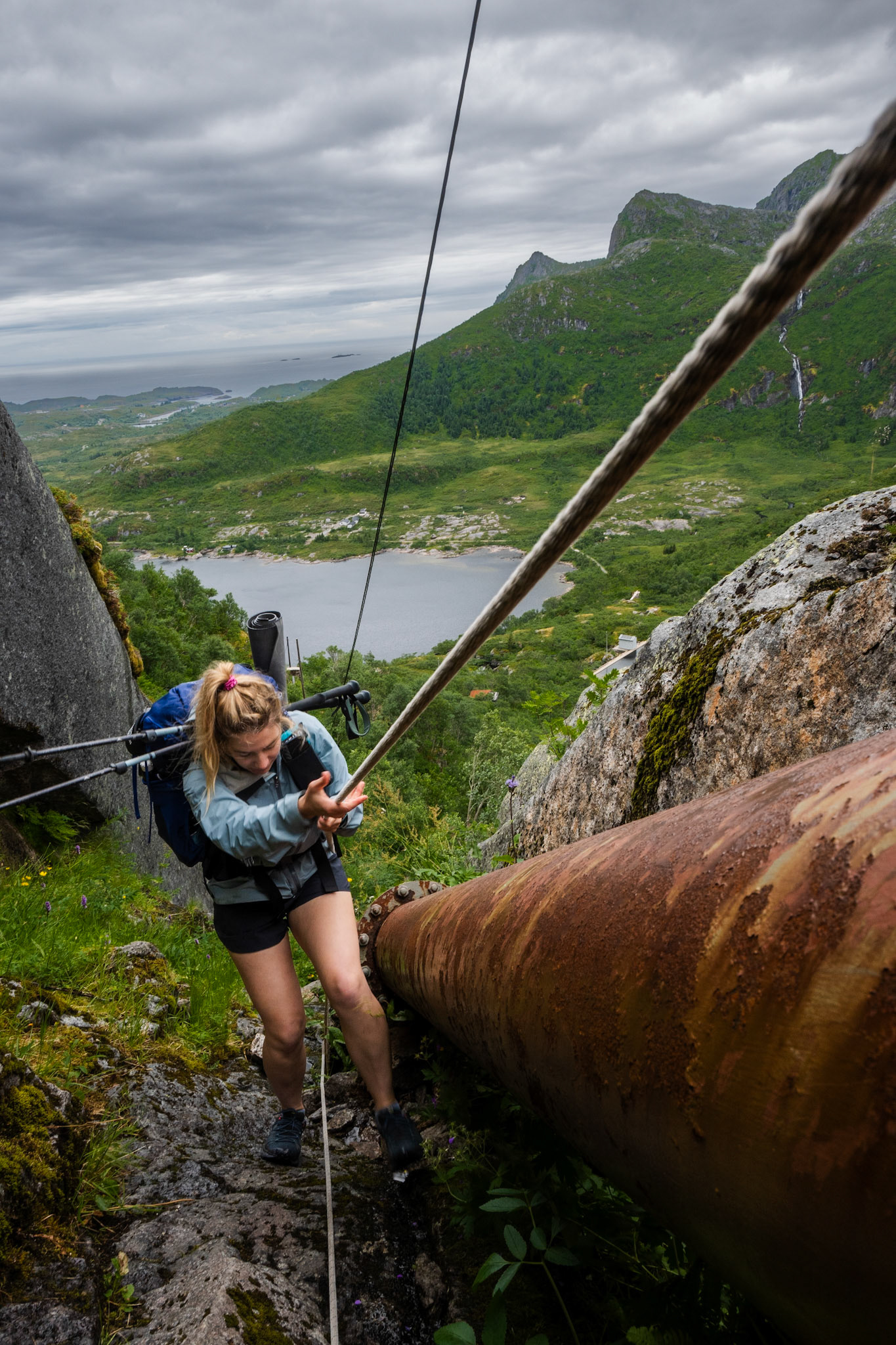 Day 3 on the Long Crossing. Spent the previous night in Svolvær in a small hostel on the coast. Immediately outside of the town we had to climb along a water pipe (in a thunderstorm, not ideal).