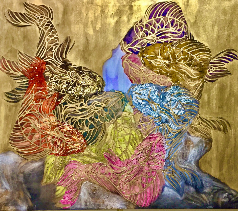 Size: H120cm x W100cm Mixed media: Acrylic painting with CAD /CAM stencils (laser cutting), metallic powders and metallic foil, marble dust. Date created: 12th December 2018 Name: ‘Protection’