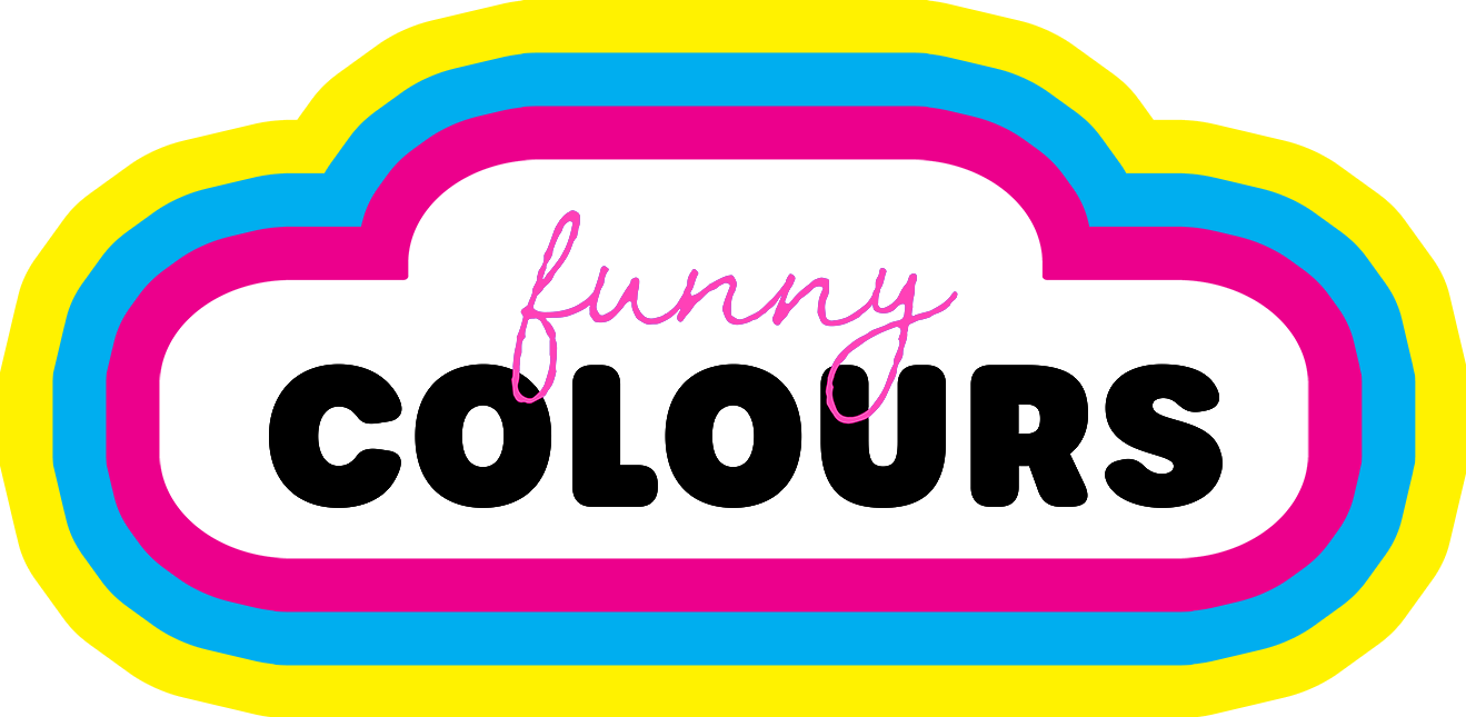 The logo for Funny Colours, featuring a handwritten script in magenta above 