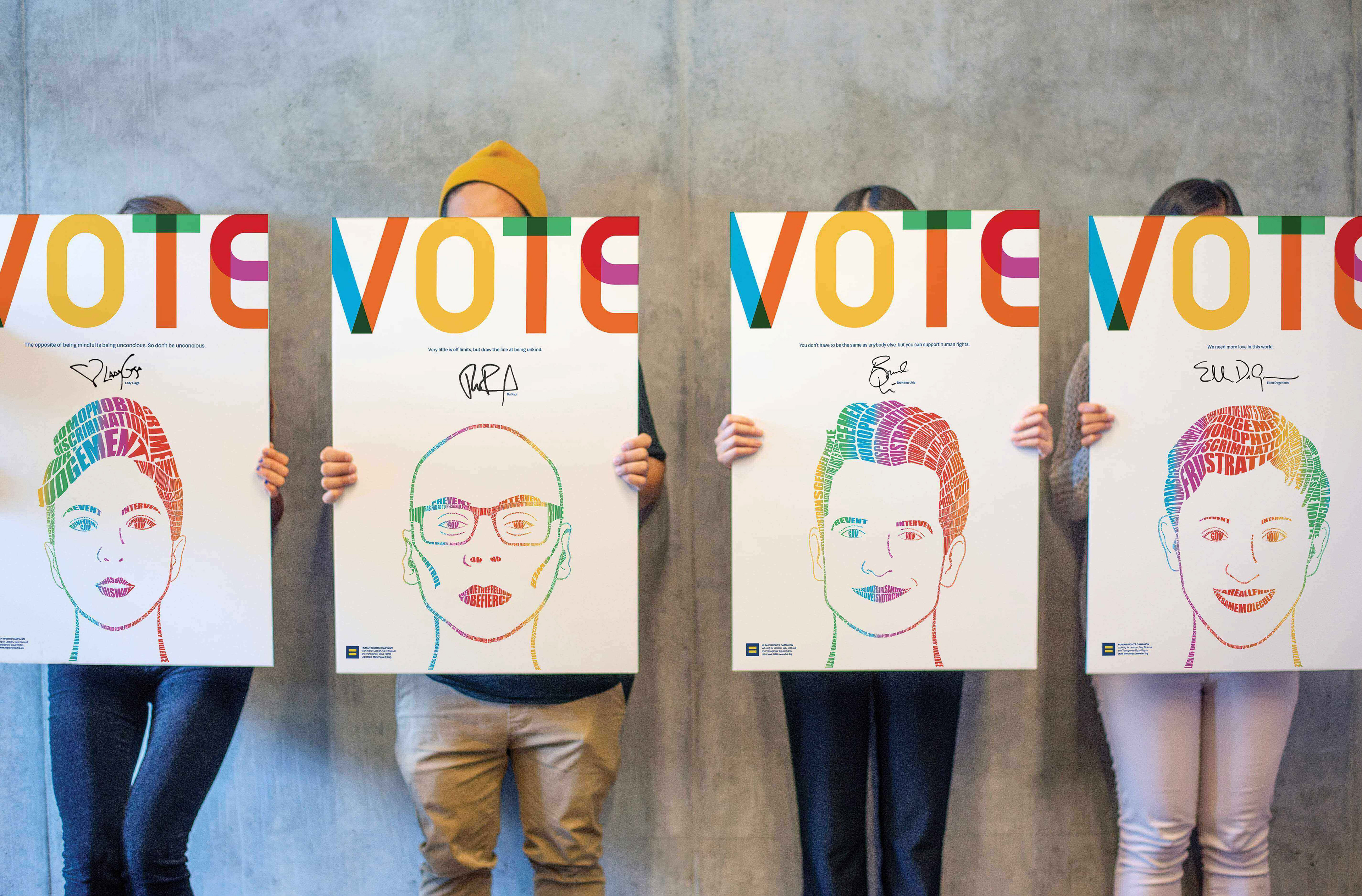 Payoff shot of get out the vote posters created for the human rights campaign organization