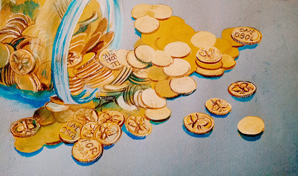 "Charon's Obols" - gouache on paper - 21 x 10 cms.