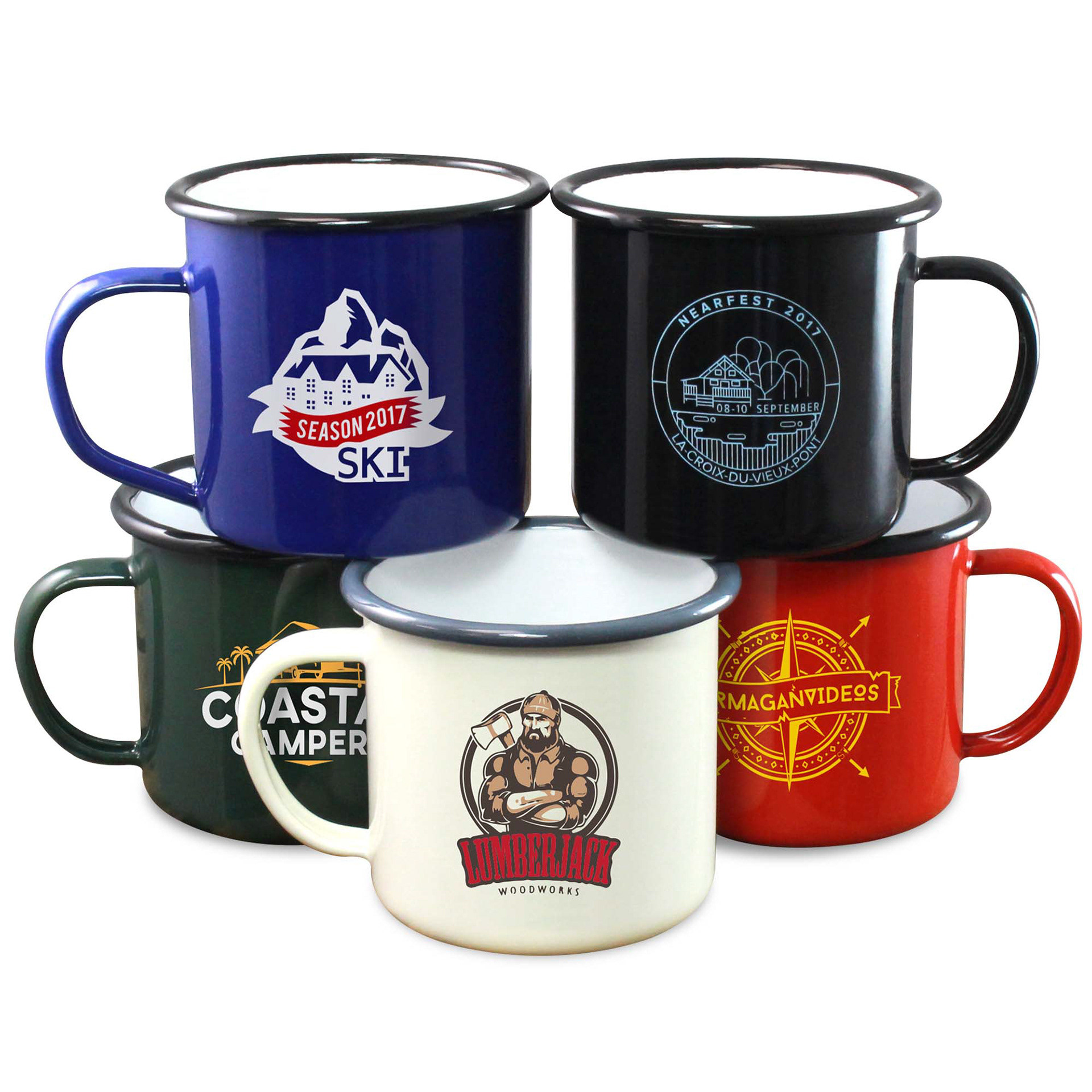 red blue cream green and black enamel mugs with printed logos and branding on white by product photographer david lefebvre