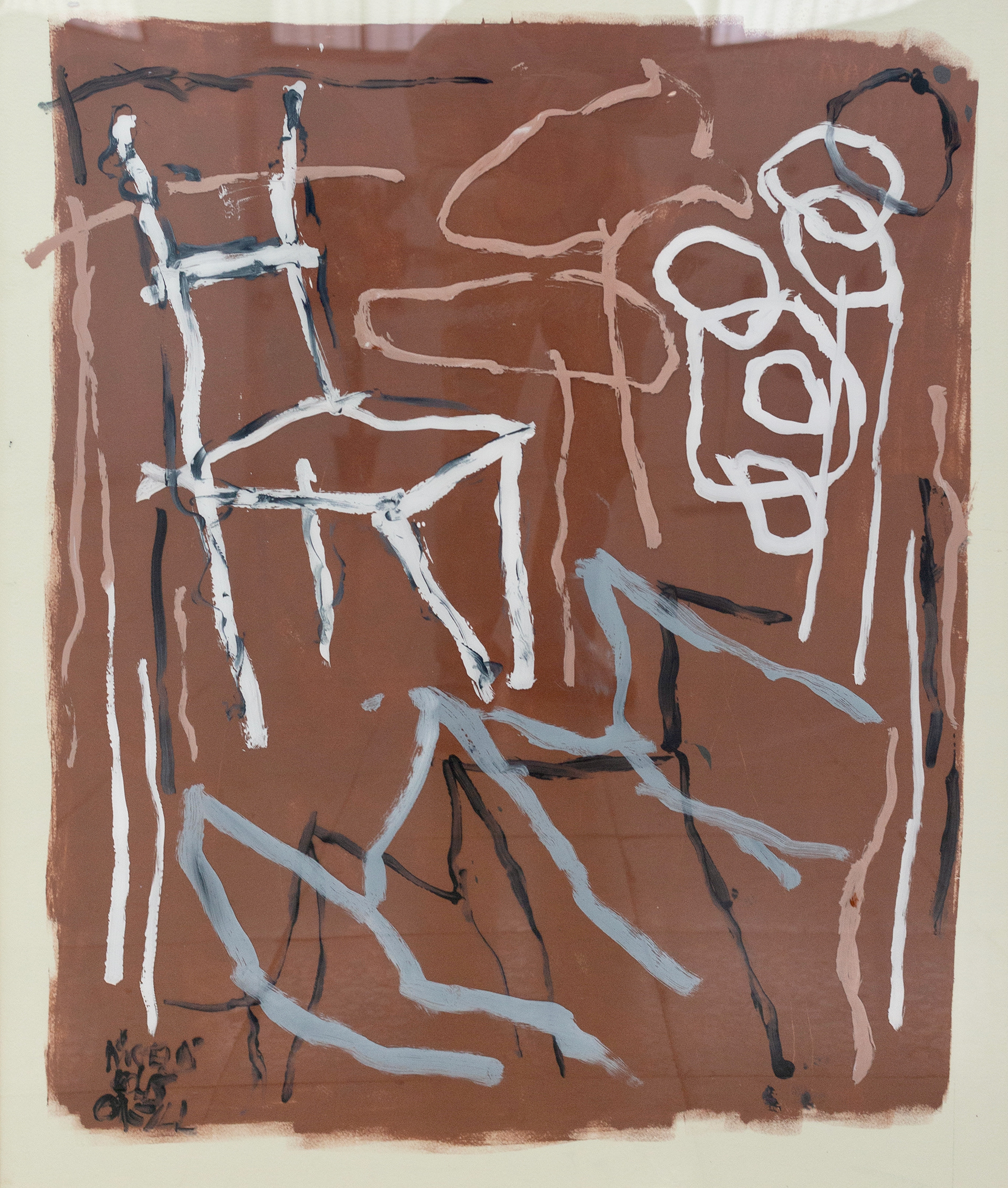 A conversation at a vacant chair, 2025, acrylic on methacrylate, 76x90cm