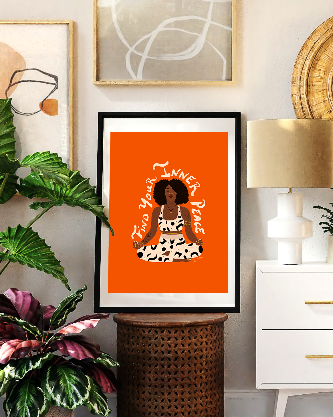 "Find Your Inner Peace" wall art with home decor.