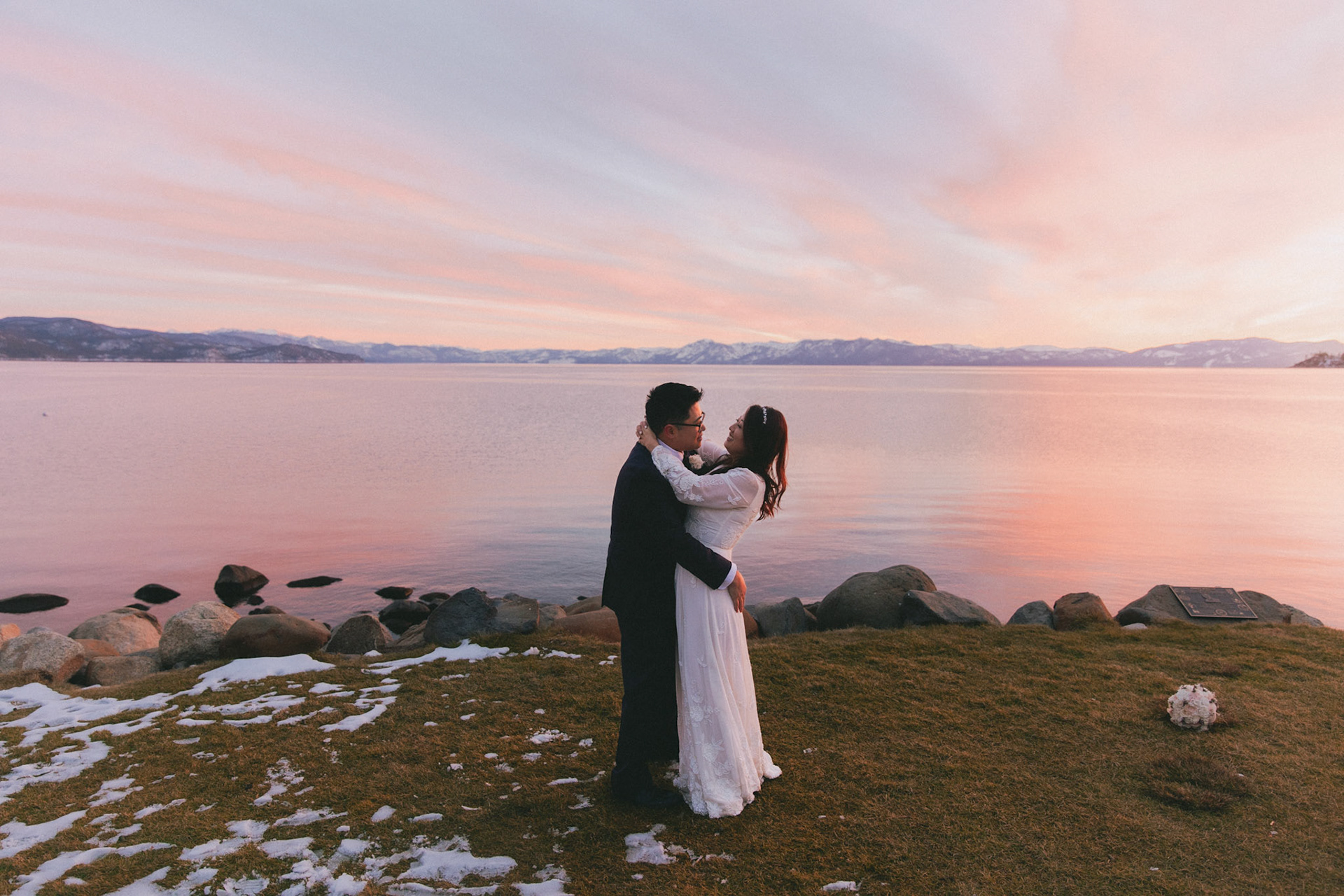 snowy lake tahoe elopement