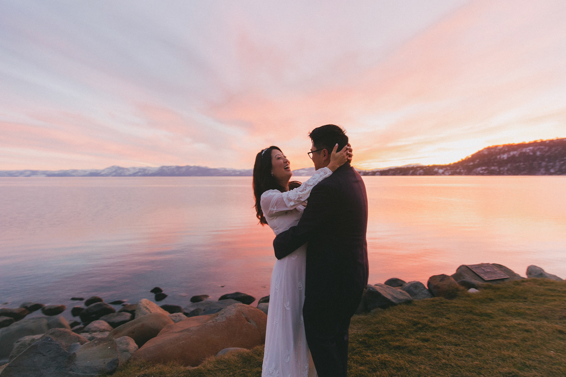 snowy lake tahoe elopement
