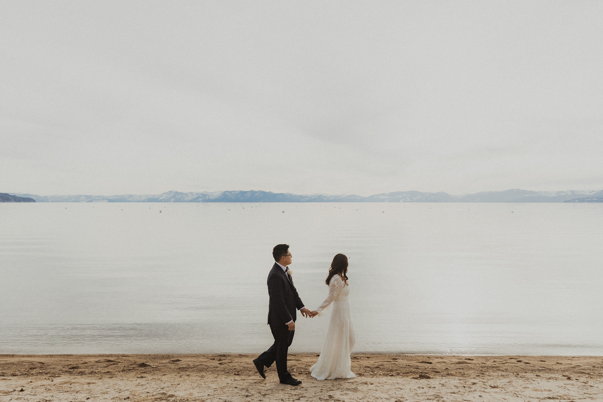 snowy lake tahoe elopement