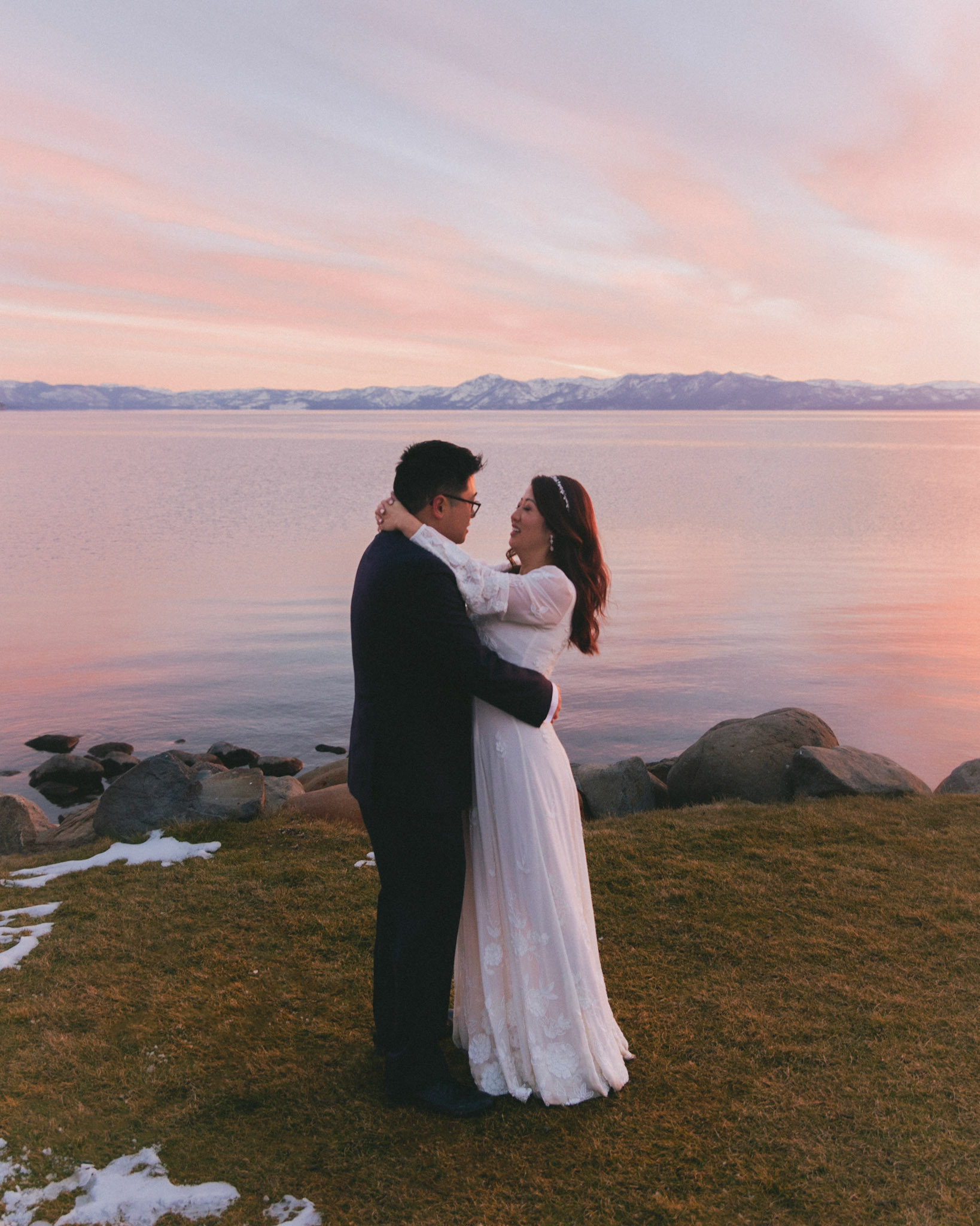 snowy lake tahoe elopement