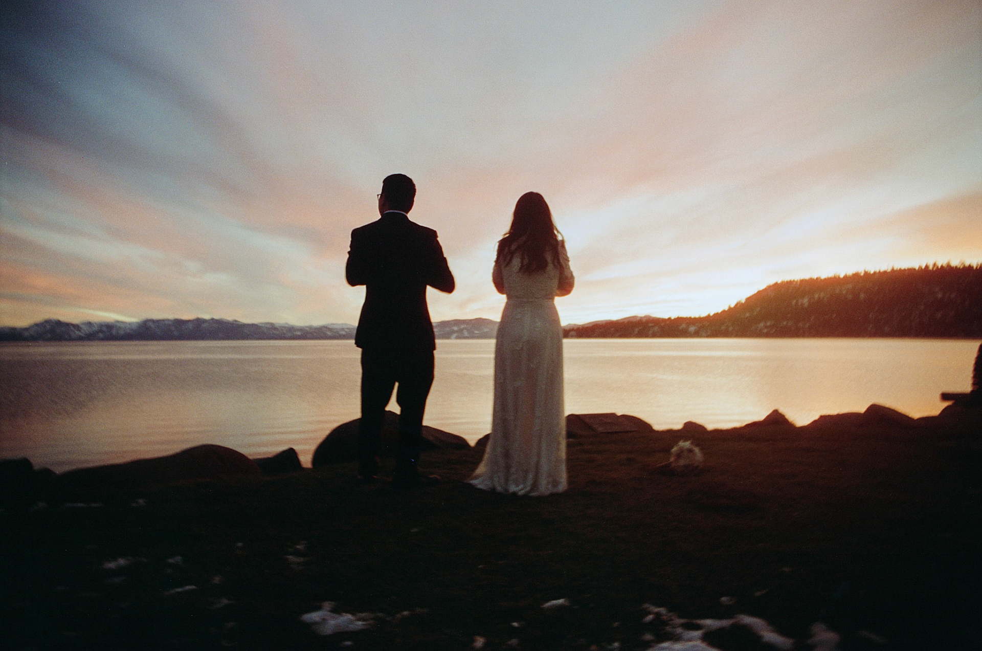 snowy lake tahoe elopement