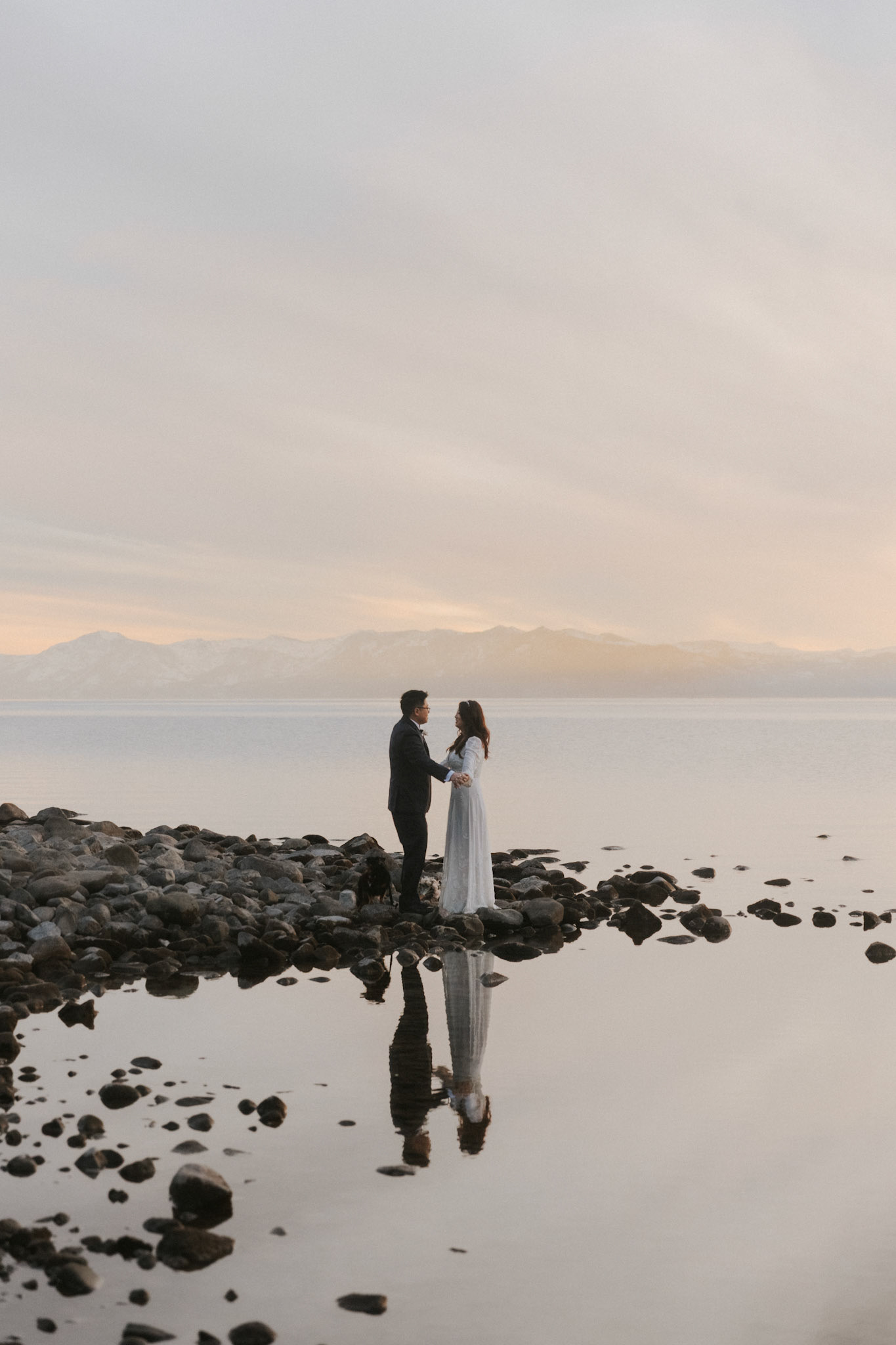 snowy lake tahoe elopement