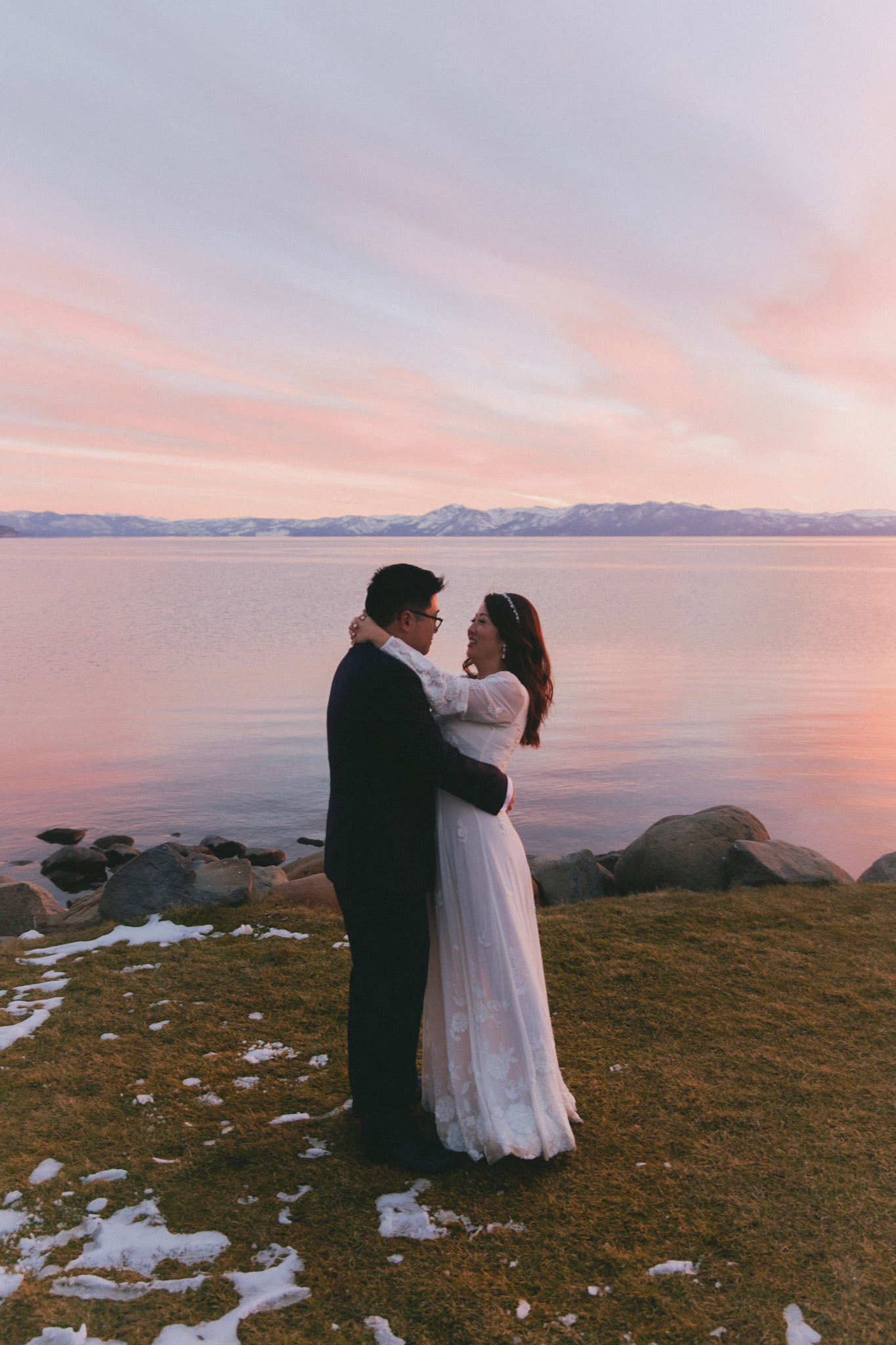 snowy lake tahoe elopement