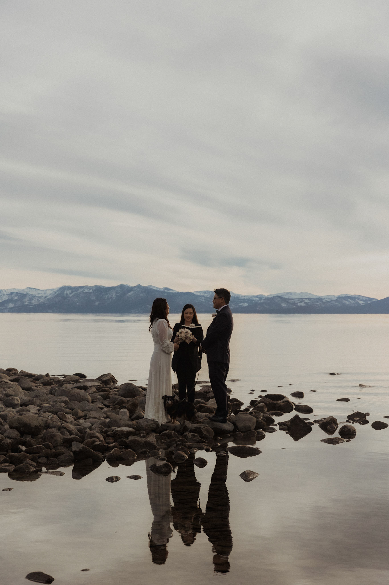 snowy lake tahoe elopement