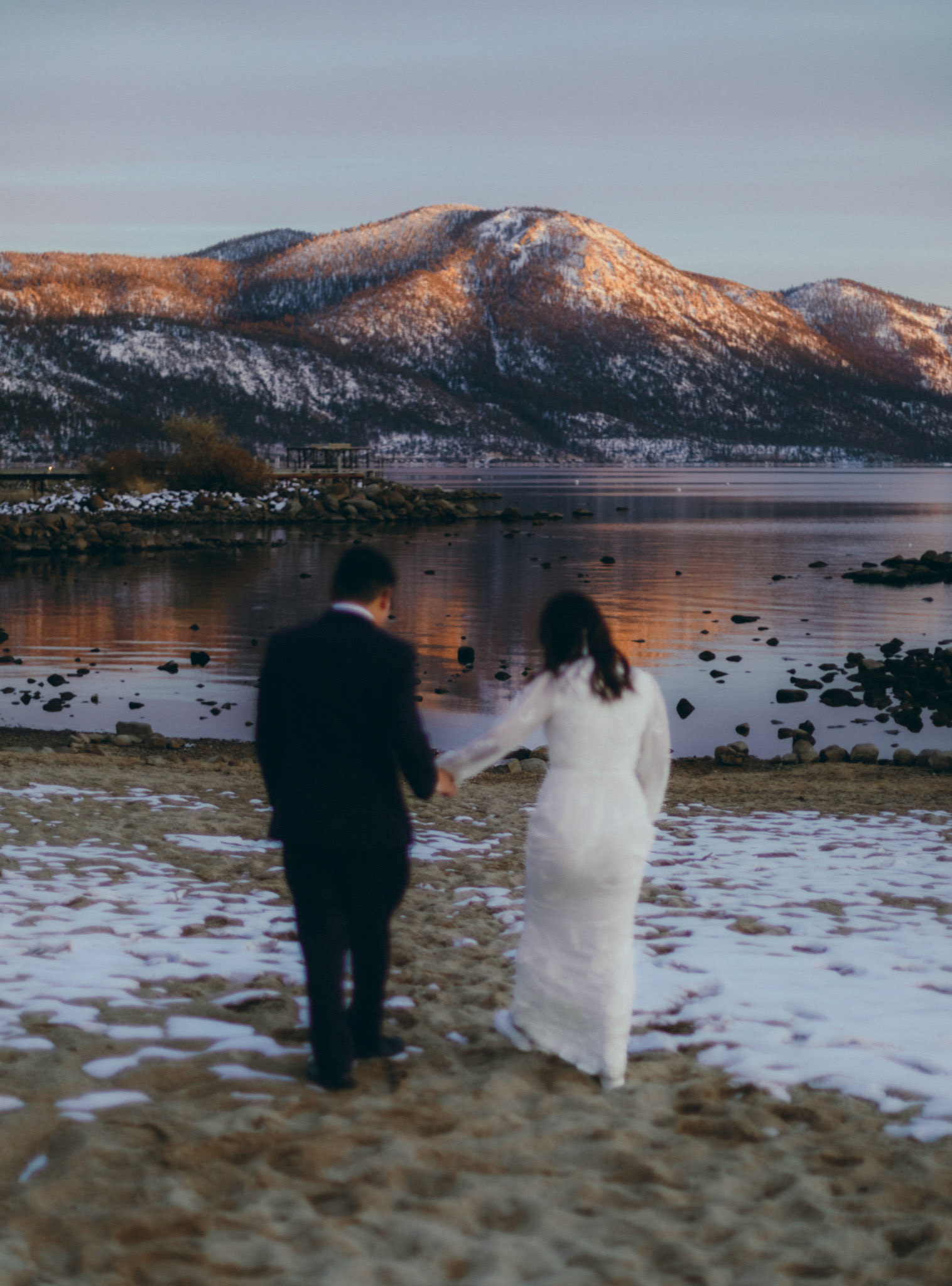snowy lake tahoe elopement