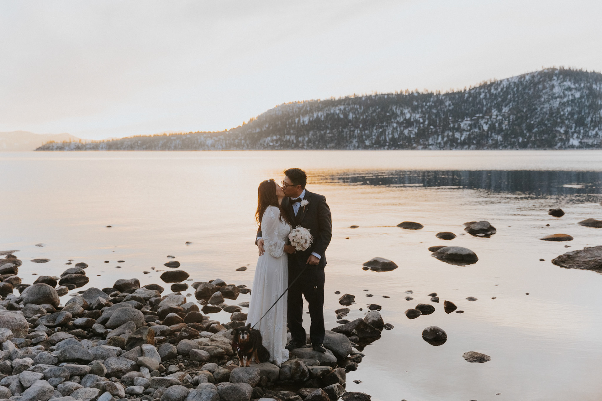 snowy lake tahoe elopement