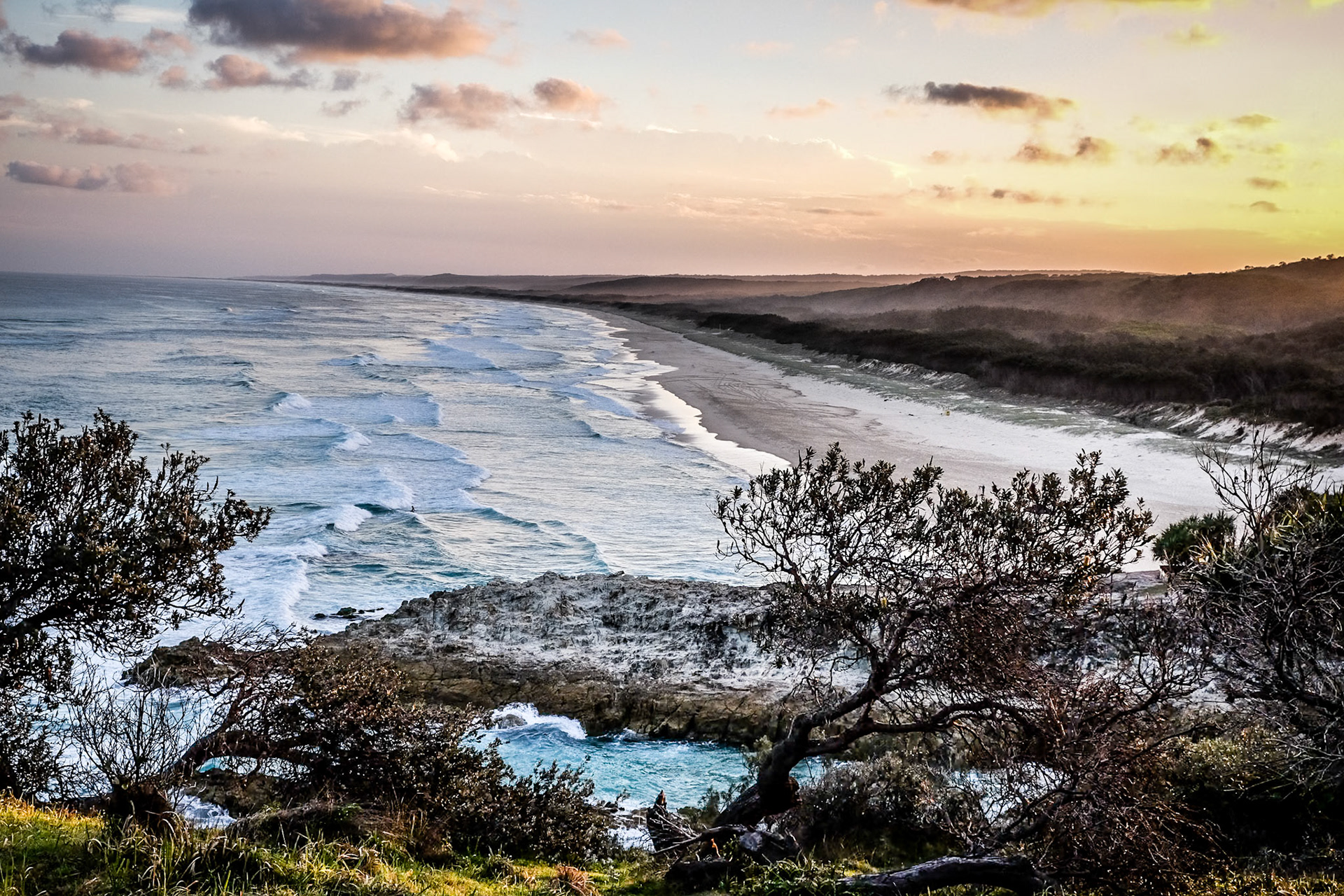 The sun sets over Main Beach at Stradbroke Island Qld