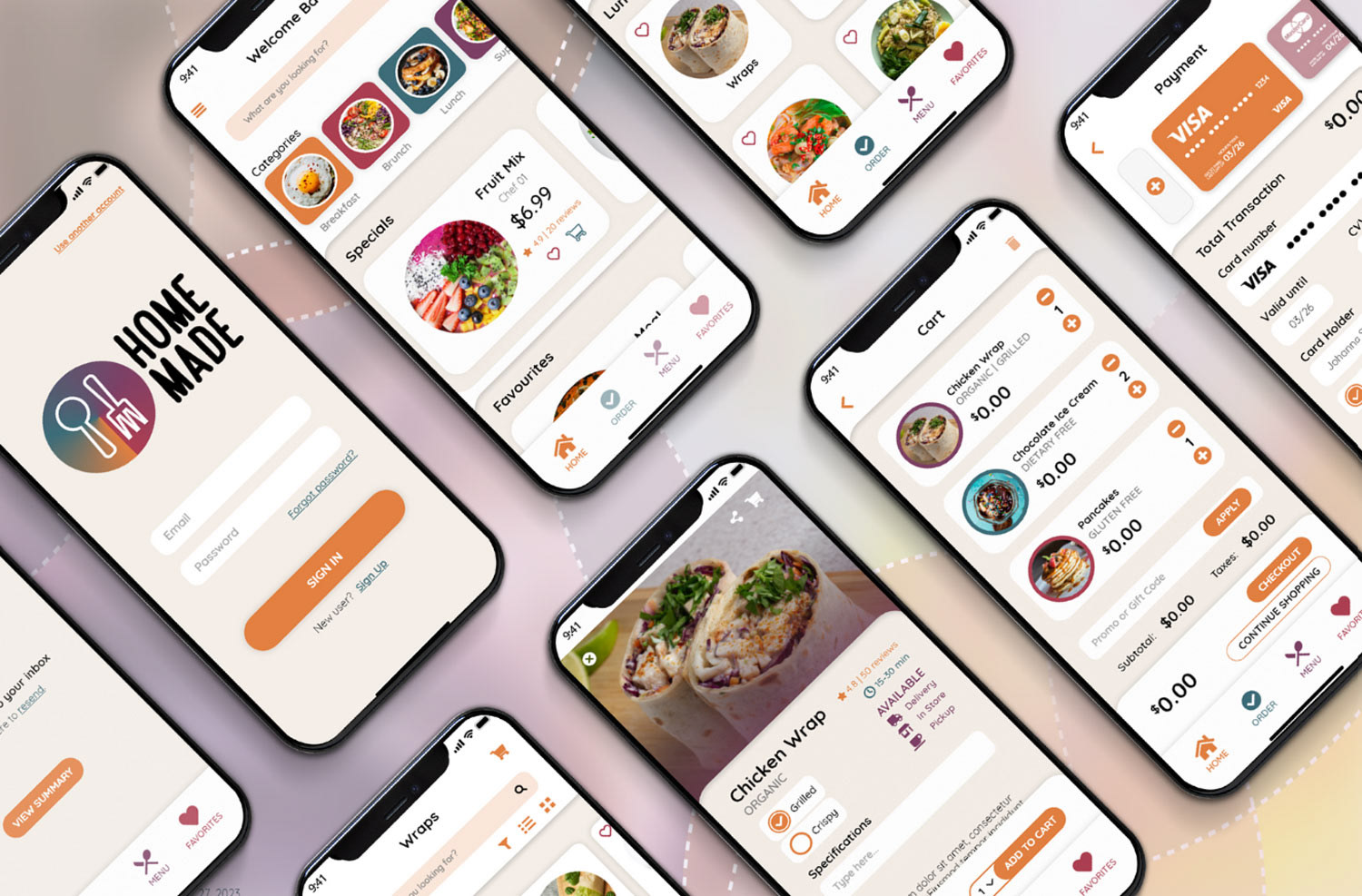 HomeMade Food App displayed in many phone screens with a colorful background