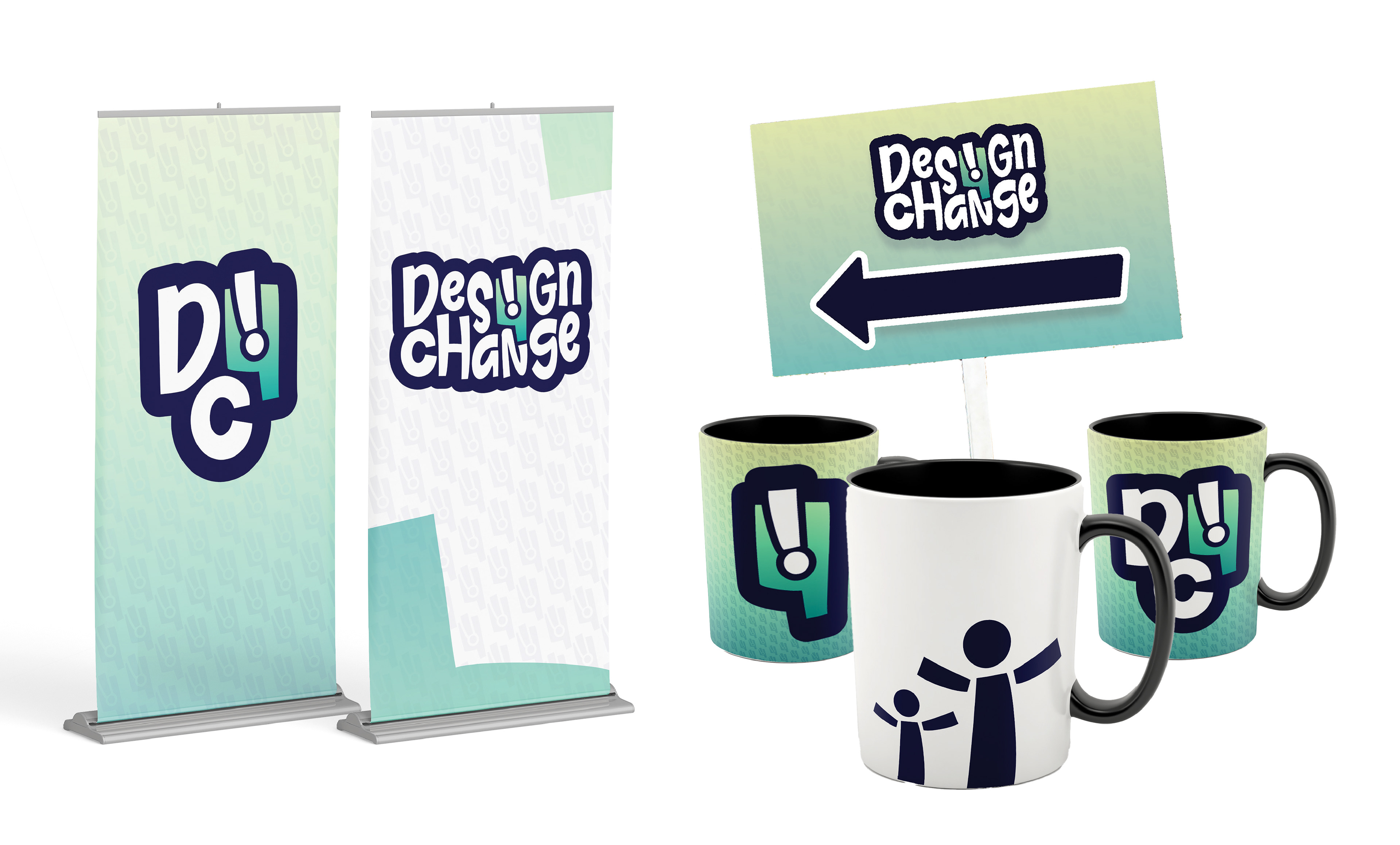 Layout displaying Design 4 Change banners, signage and mug merchandise.