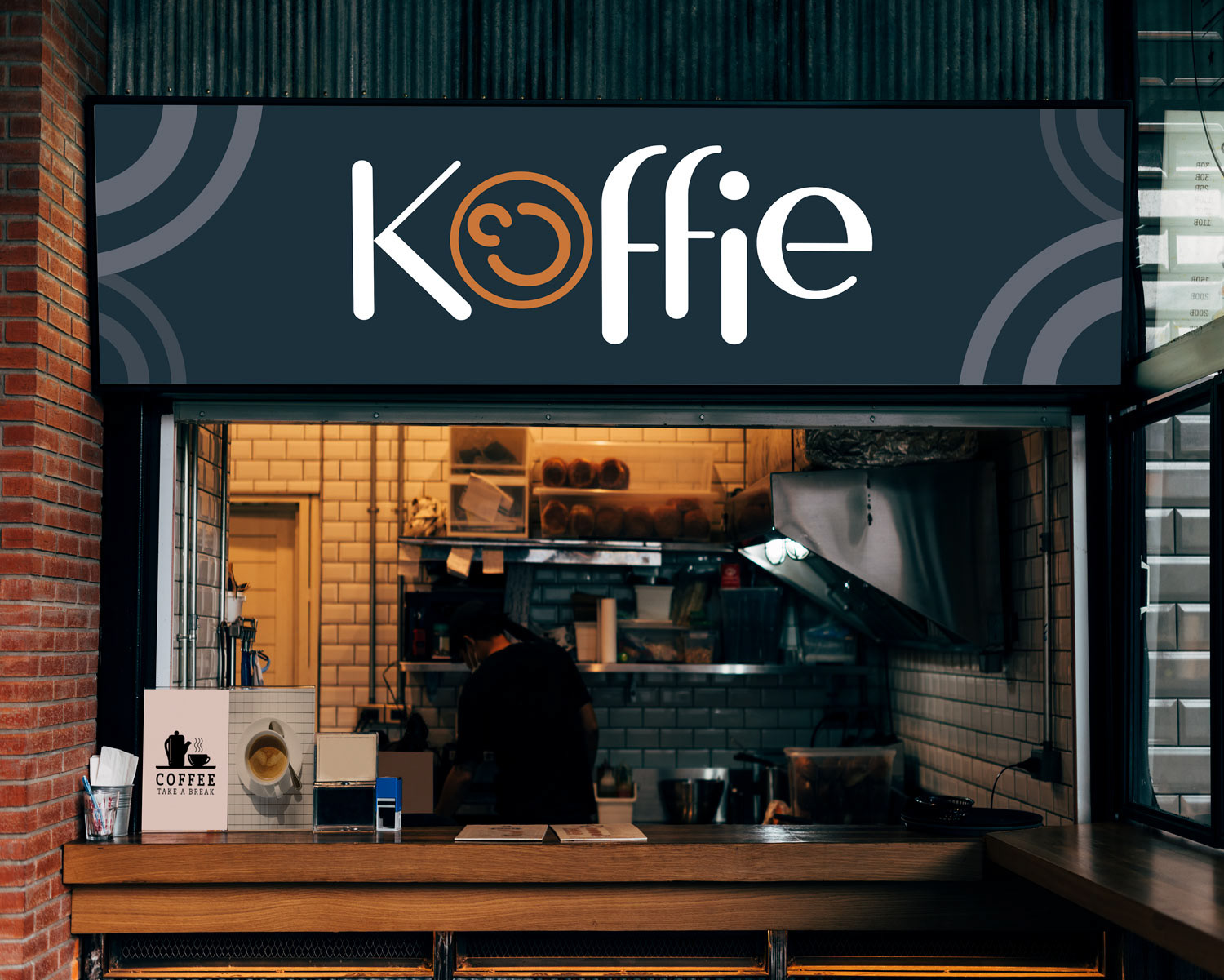 Koffie logo displayed on a coffee shop sign