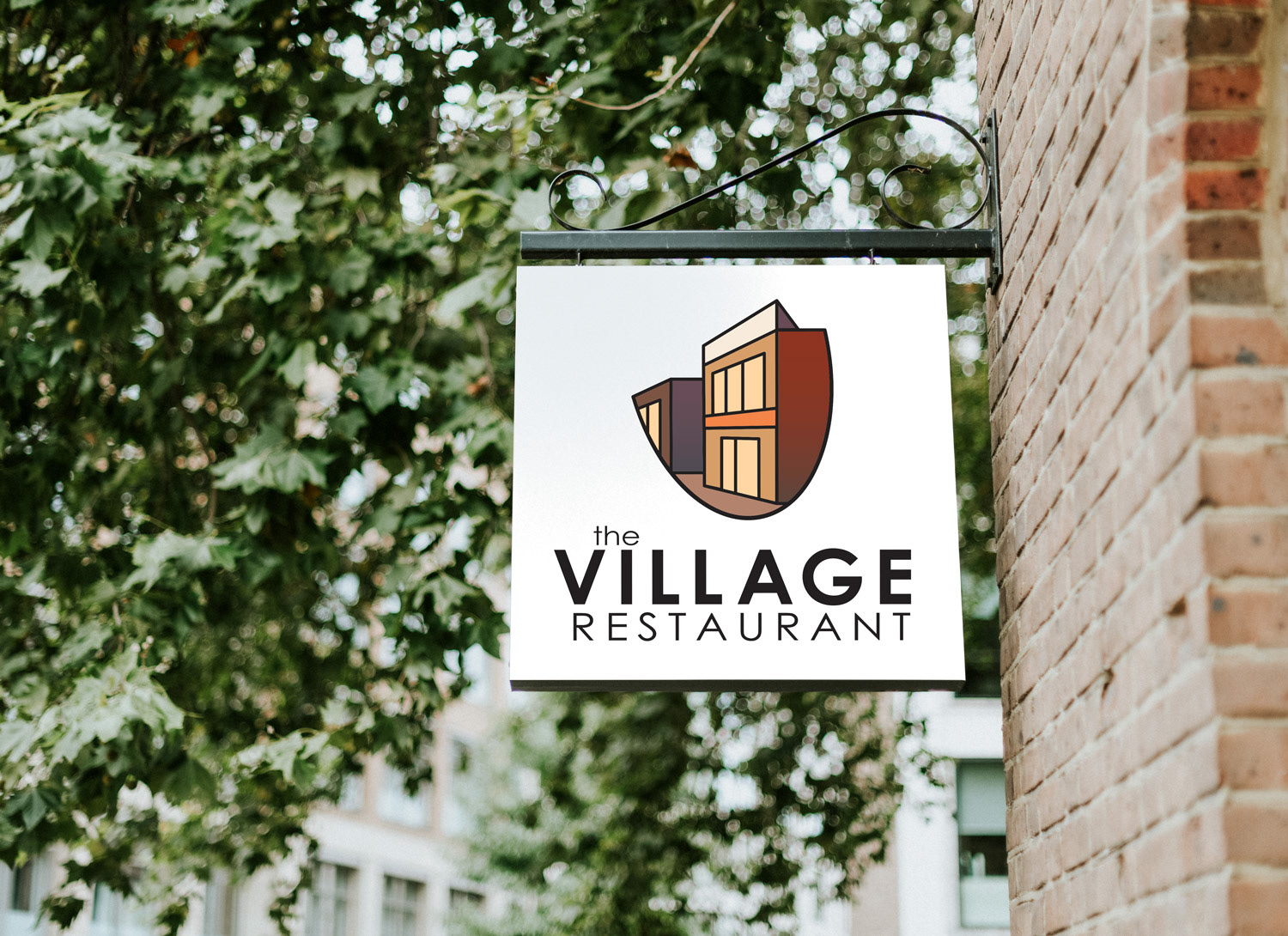 The Village Restaurant Logo on square store sign