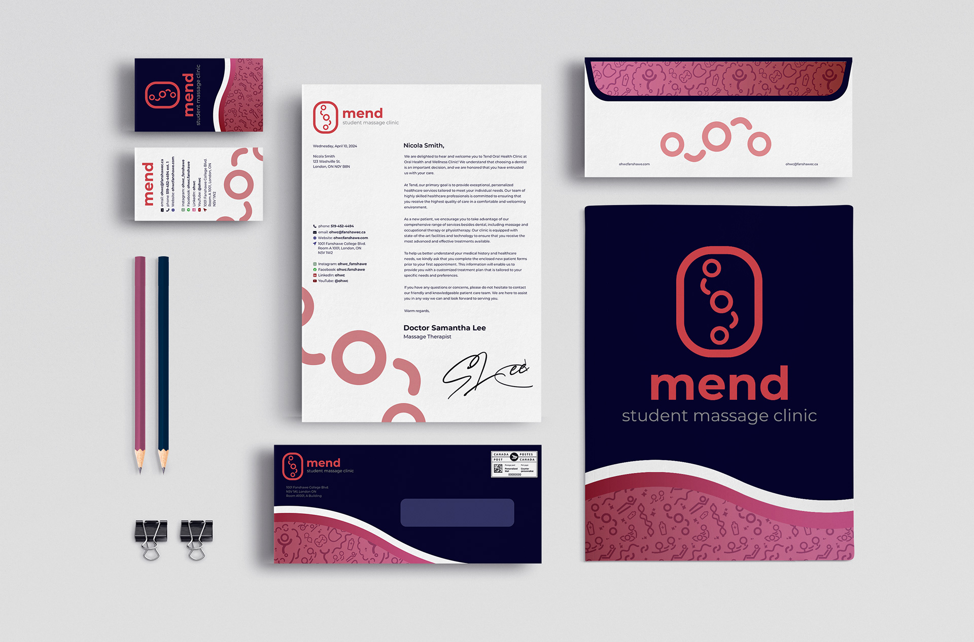 Mend Student Massage Clinic Stationary Identity Package