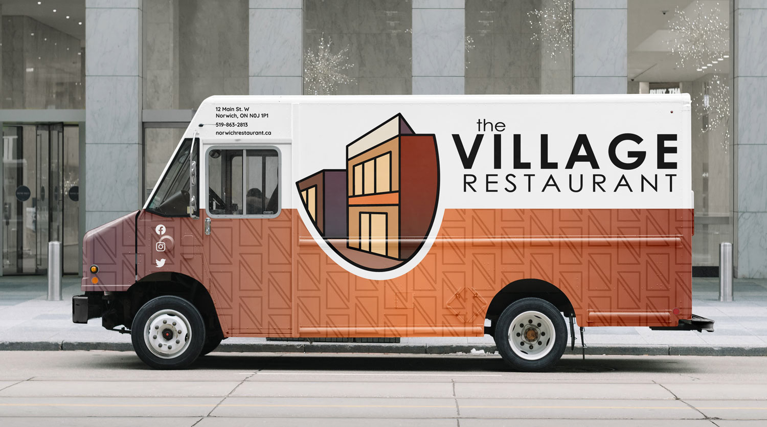 The Village Restaurant Food Truck consisting the brand element pattern, social media, address, contact info and logo.
