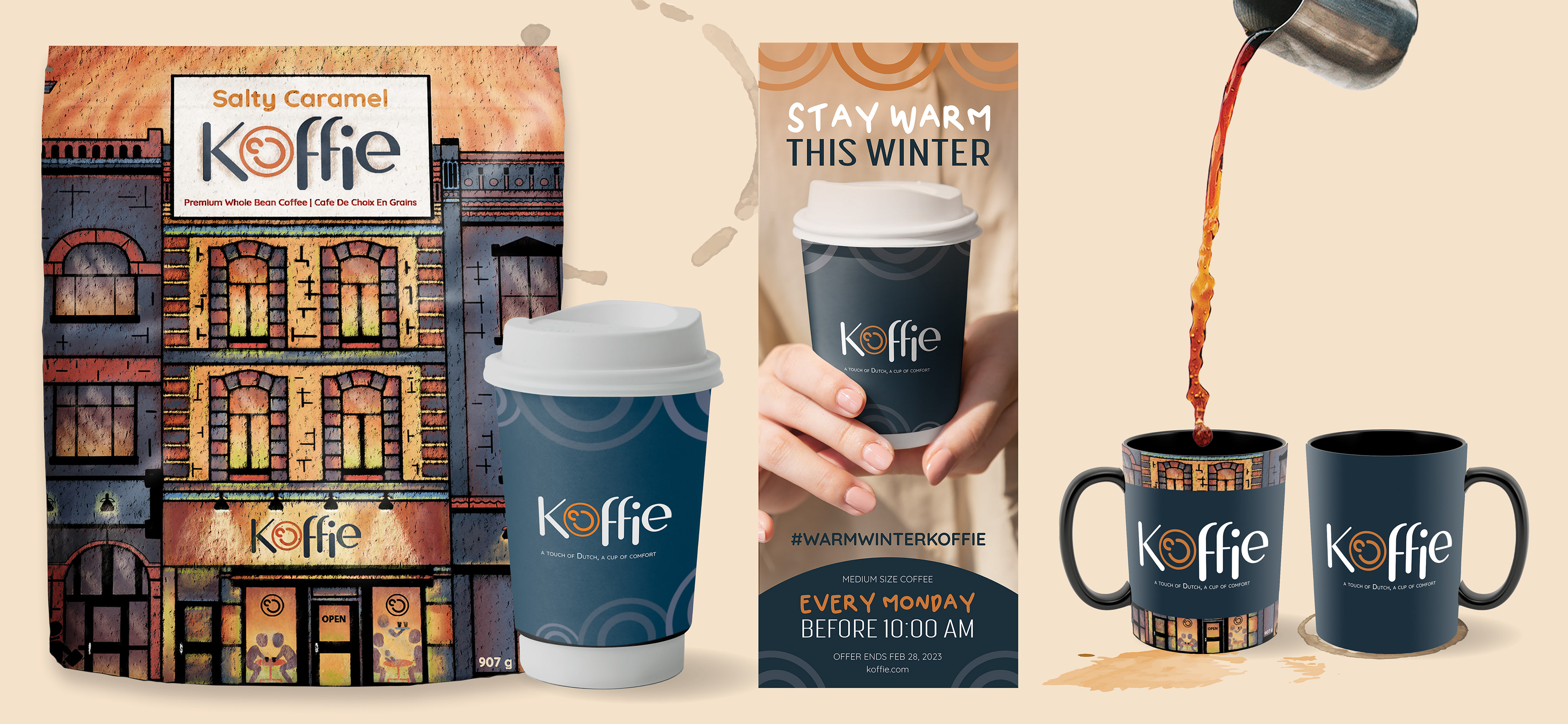 Layout of Koffie coffee bag, cup, advertisement, and mug merchandise with coffee pouring up high in one of the mugs.